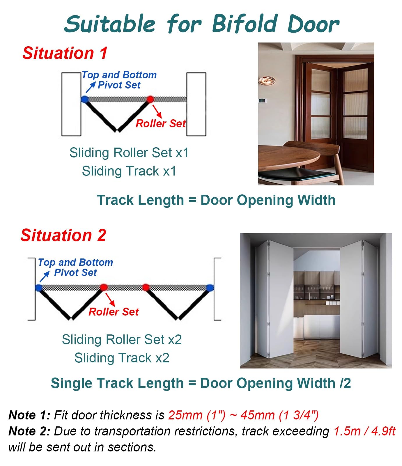 Vibeo Kit Puerta Corredera Oculta Kit de Herrajes para Puertas Plegables de Dos Hojas, Guía Superior para Puertas Correderas de Armario, Rieles de Aluminio para Armarios Plegables(75cm/30in)