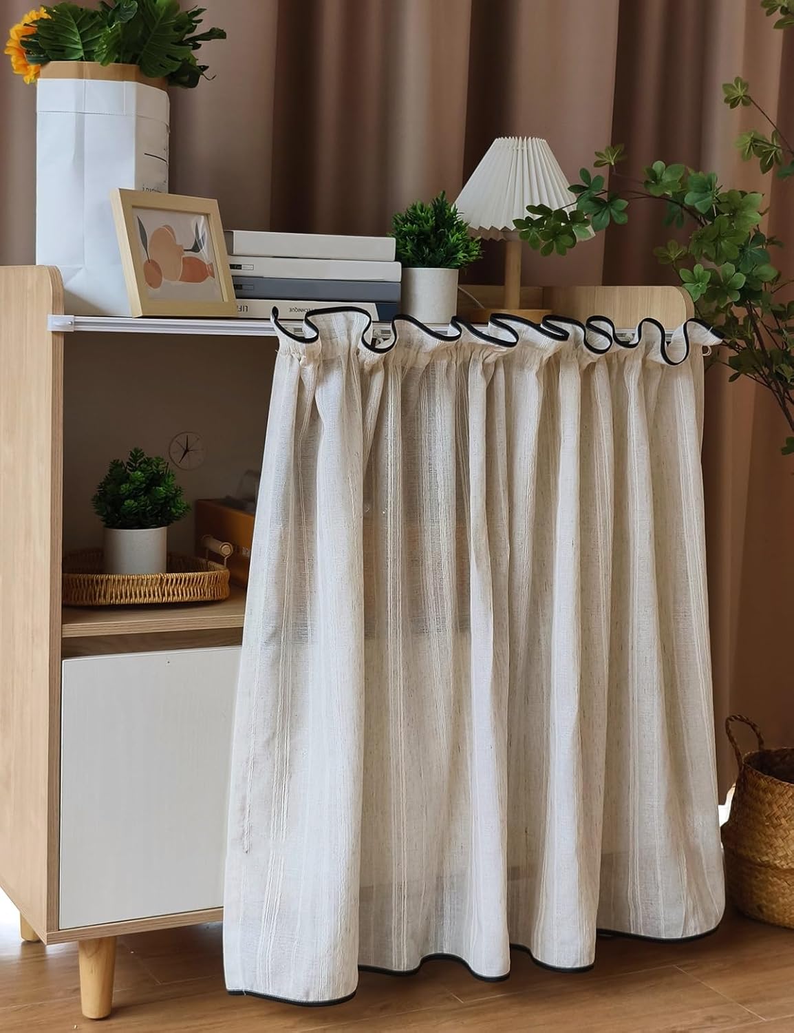 Retro Cotton and Linen Pleated Cabinet Curtains for Shelves Under Kitchen Sink, Short Sheer Closet Curtains for Open Closet Without Door - Dust-Proof/Privacy, No Drilling(15.7x23.6 in)