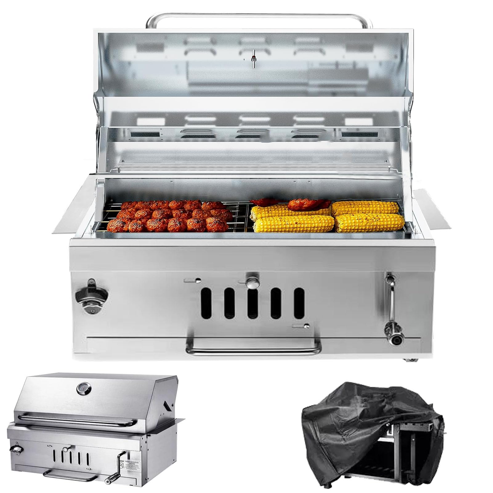 28In Built in BBQ Grills, Large Outside Charcoal Grill with Liftable Tray, Insulated Hood & Temp Gauge, Silver Stainless Steel Barbecue Grill for Outdoor Kitchen Cooking Patio Camping Park Style