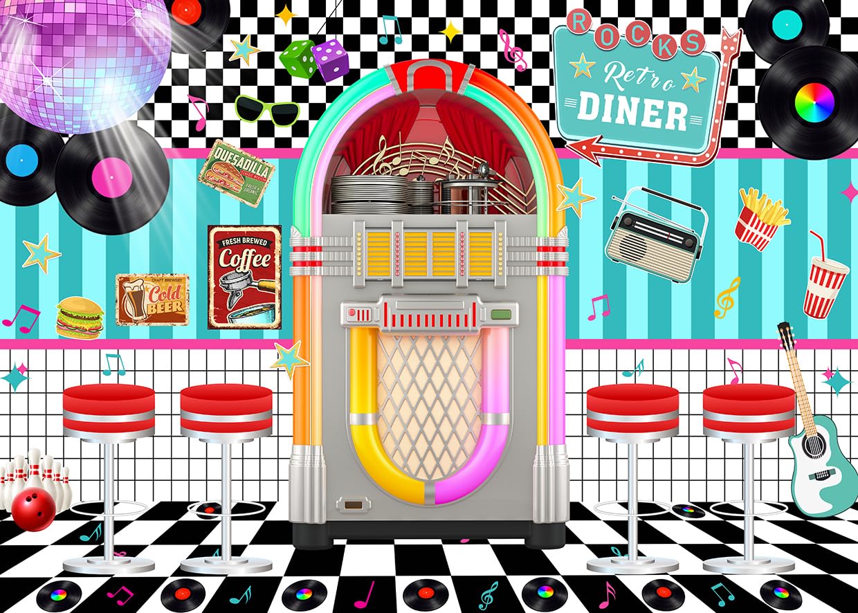 LYWYGG 7X5FT Retro Diner Party Backdrop 50s Retro Rock and Roll Diner Photography Background Sock Hop Party Backdrops cp-640