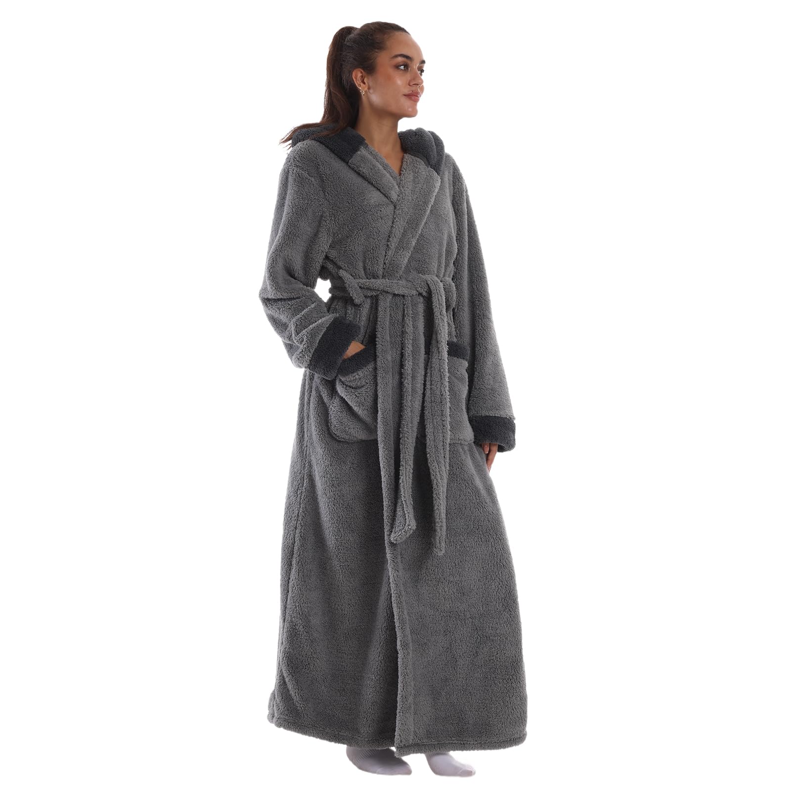Gegeryozis Peignoir de Bain Homme Femme en Flanelle Polaire - Long et Chaud avec Capuche, Taille Unique pour Sortie de Bain, Spa, Maison - 2 Poches, Ceinture Ajustable