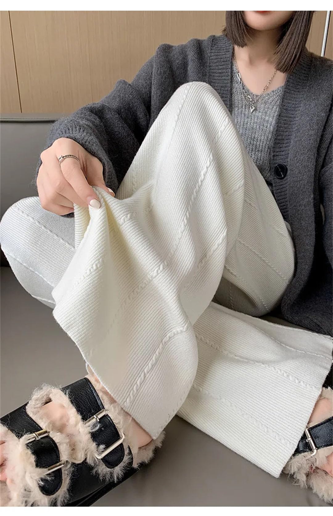 Pantaloni da donna invernali lavorati a maglia a vita alta allentati a gamba dritta pantaloni corti a gamba larga