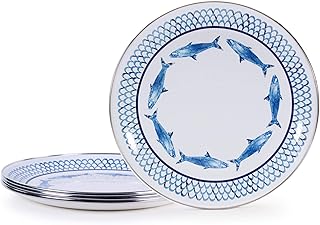 Golden Rabbit Enamelware Dinner Plates, 10.5 inch, Fish Camp, Set of 4