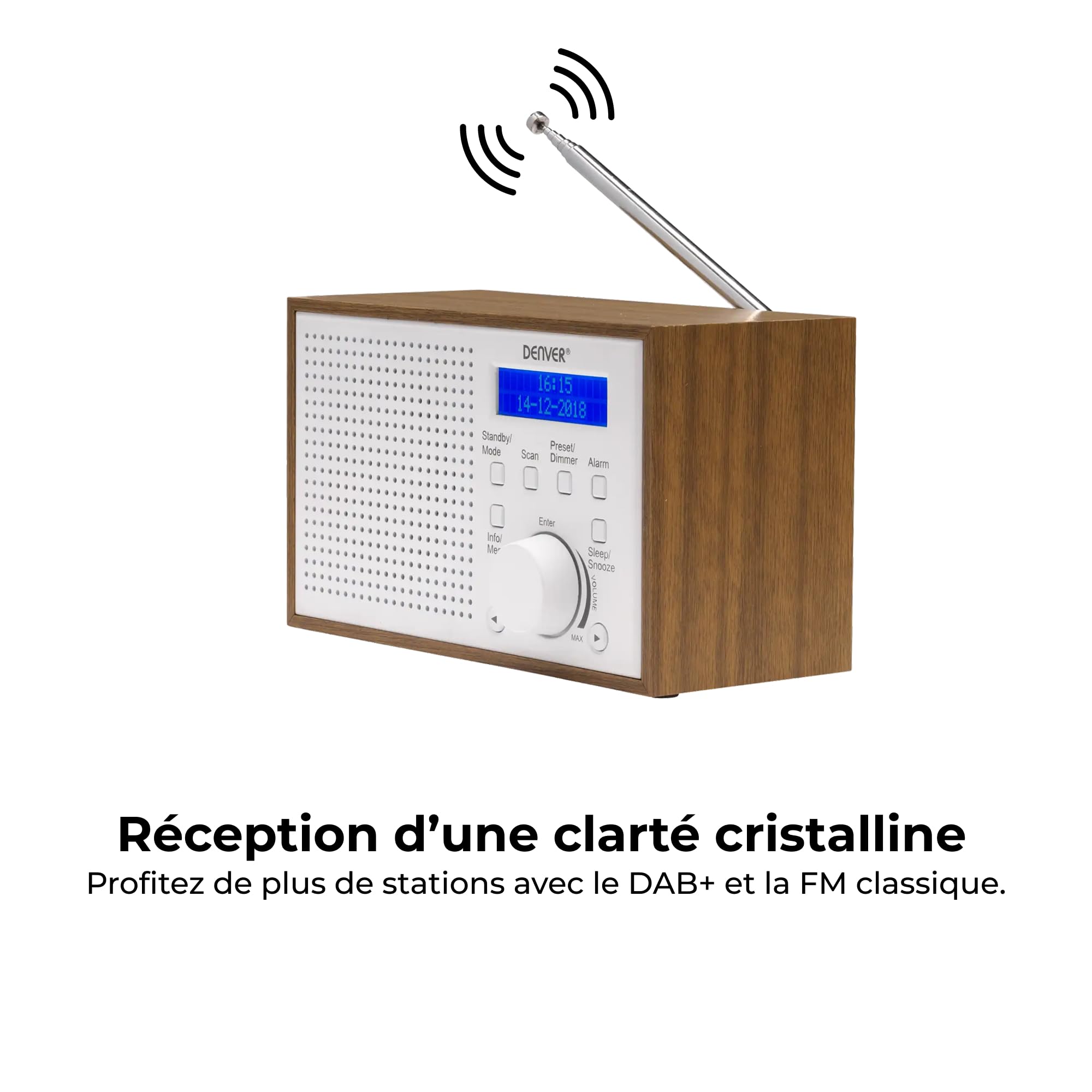 Denver DAB-46W Radio Portable Dab+/FM avec réveil, écran LCD, Alimentation Secteur ou Piles, 2 W RMS, Blanc