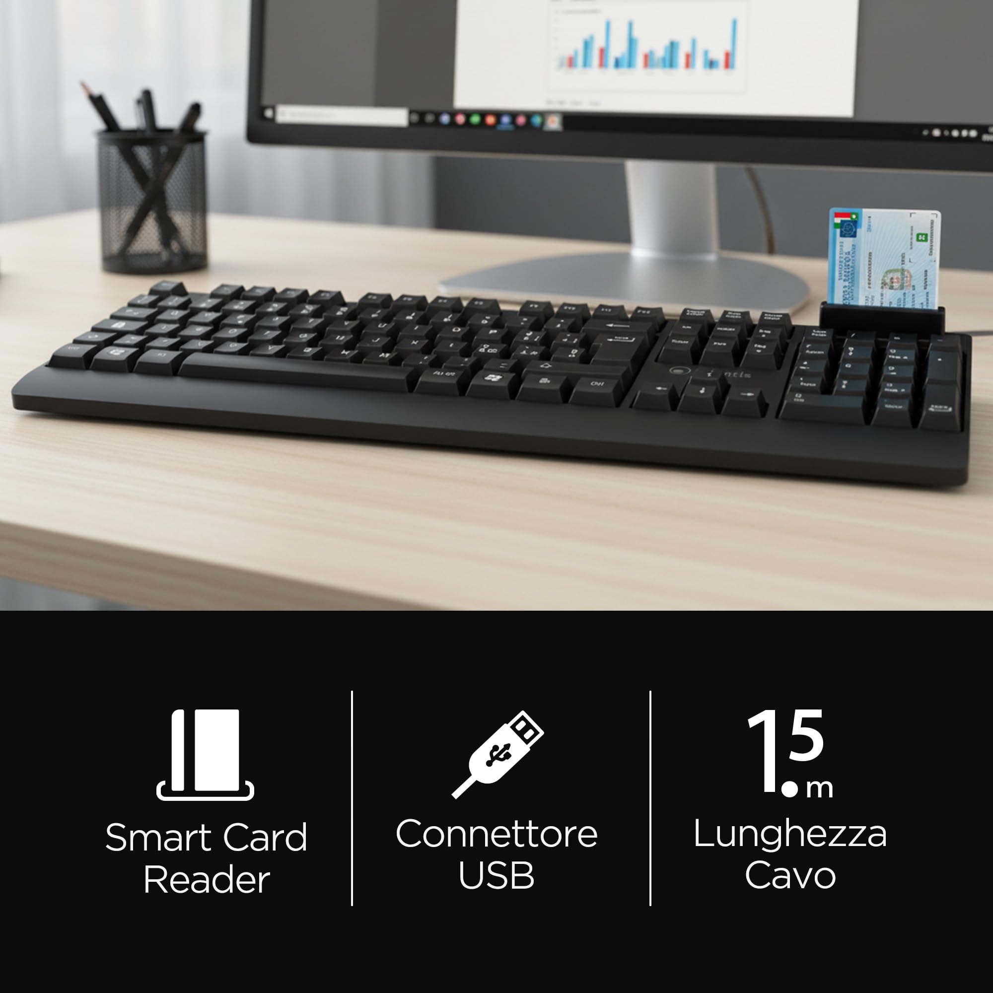 Atlantis Teclado con lector de tarjetas inteligentes integrado, QWERTY italiano, lectura CNS, CRS, tarjeta de salud, firma digital, puerto USB, cable de 1,5 m - negro