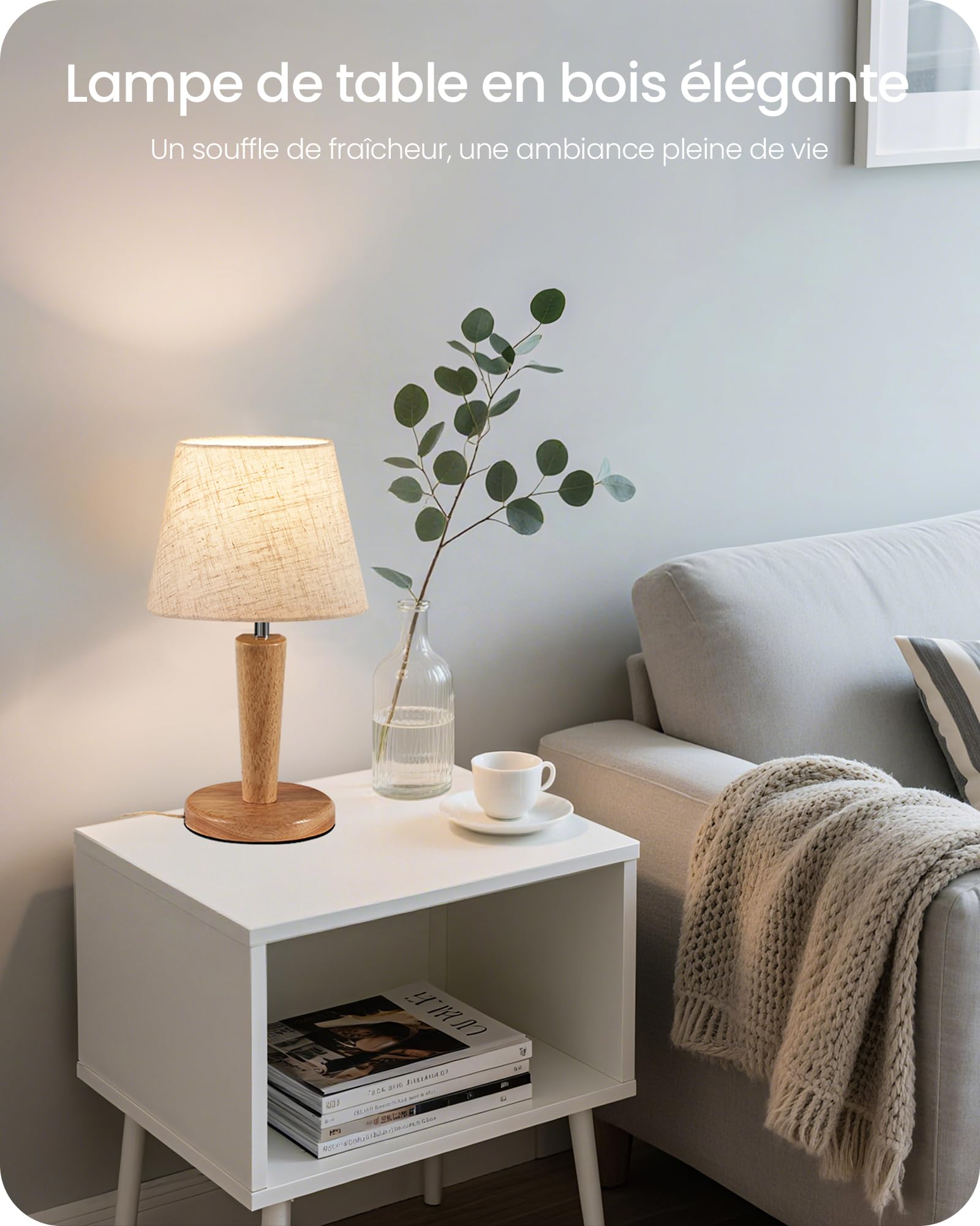 Lampe de Chevet en Bois Lot de 2, Abat-jour en Tissu Lin Beige, 3 Températures de Couleur, avec Fonction Mémoire, Ampoules LED E27 Incluses, pour Chambre, Salon, Bureau