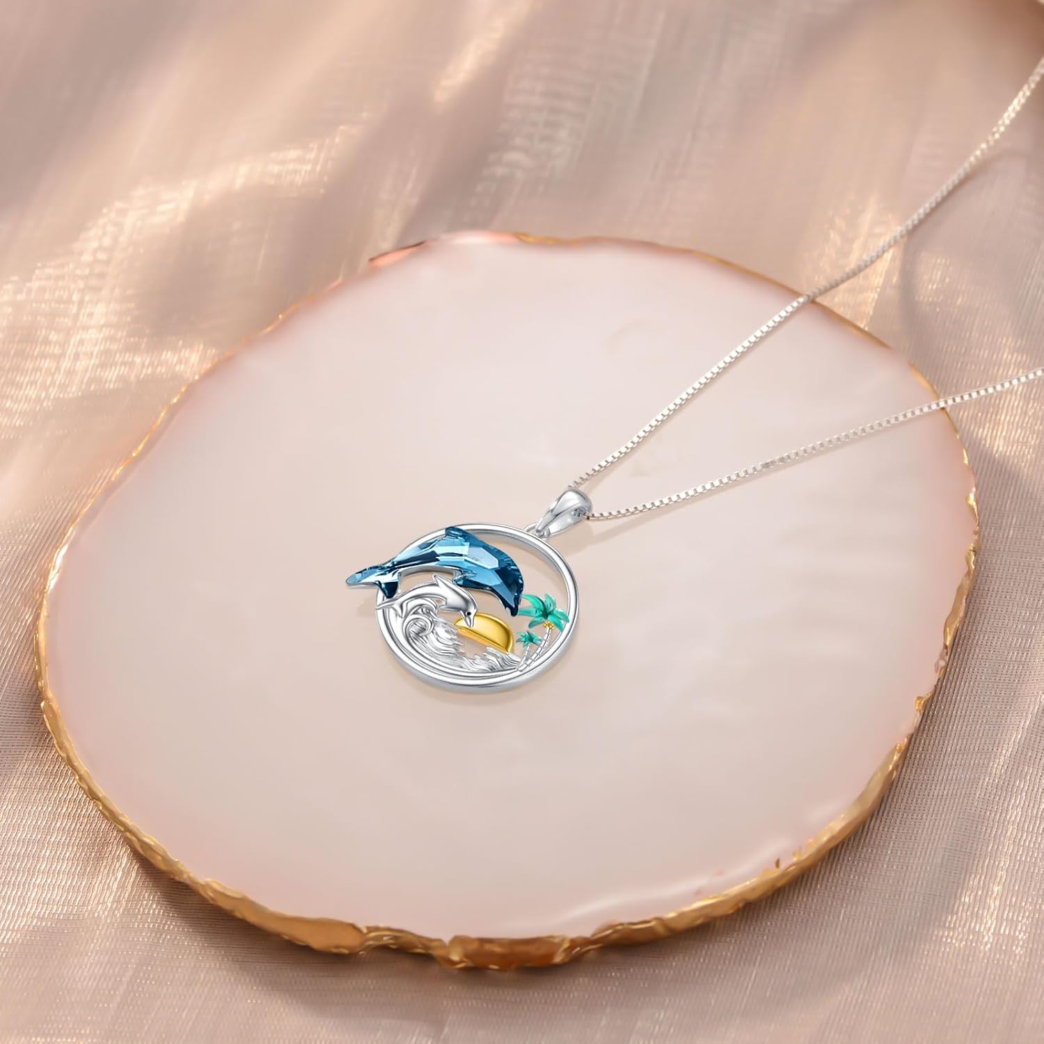 Dorunmo Dolphin Gifts for Women 925 Sterling Silver Dolphin Palm Tree Necklace Pendant with Blue Crystal Hawaiian Beach Themes Ocean Wave Sunset Jewelry Gifts for Women Mom - Image 5