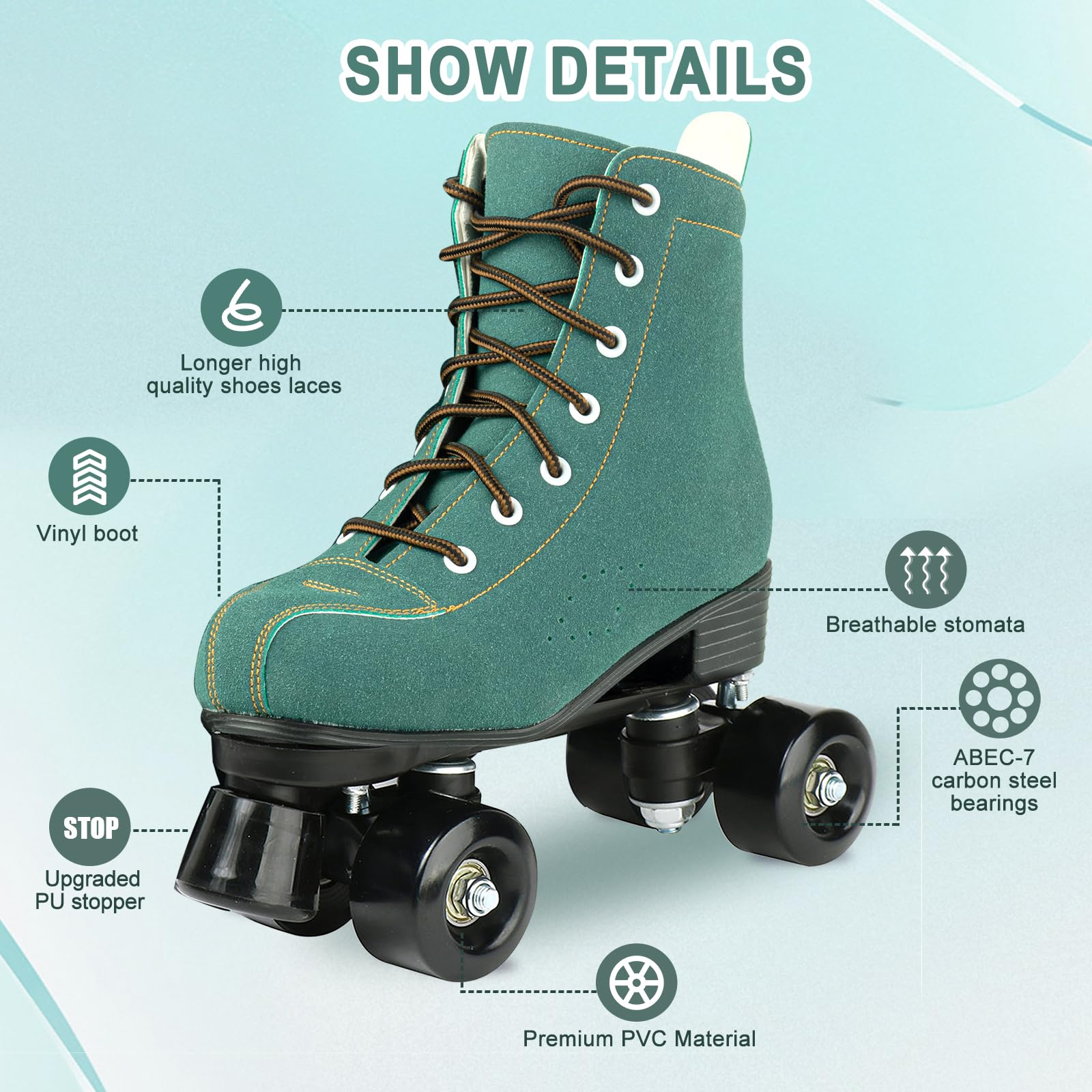 Tmore Roller Skates for Women and Men, Classic Double-Row Roller Skate High-Top Four Light up Wheels Premium Sueded Leather Outdoor Indoor Roller Skates for Adults and Teens (Green Black Wheel,37)