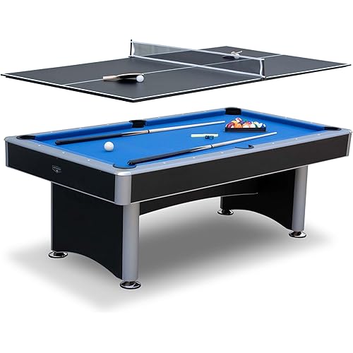 Hathaway Maverick 7 Foot Pool Table with Table Tennis Top – with Accessories for Both Games – Space-Saving Ping Pong and Pool Table Combo for Families – Matte Black Finish