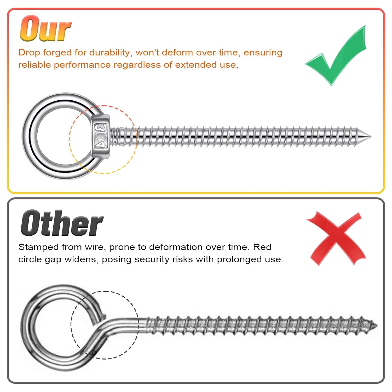 4PCS 6.3 Inch Heavy Duty Eye Hooks M10 Self Tapping Eyelet Screw Stainless Steel Eye Bolts Load Capacity 850LBS Screw in Eyes Hooks for Yoga Hammock Stand, Swing Chair, Indoor Outdoor Uses