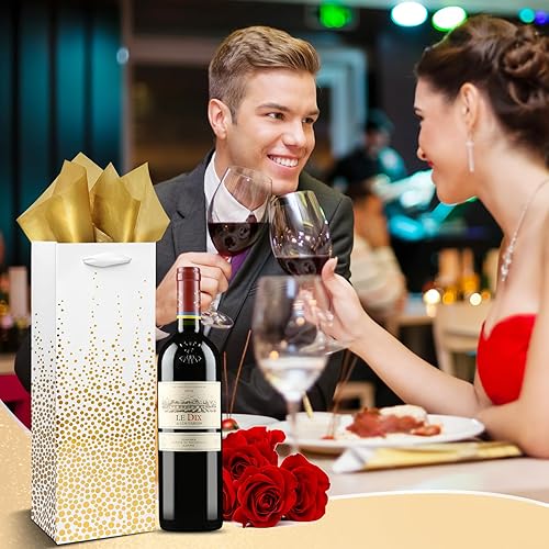Miniatura 5 de Carnation Bolsas de vino, paquete de 12 bolsas de regalo de vino con pañuelo, bolsas de regalo de vino de lámina dorada para botellas de vino,