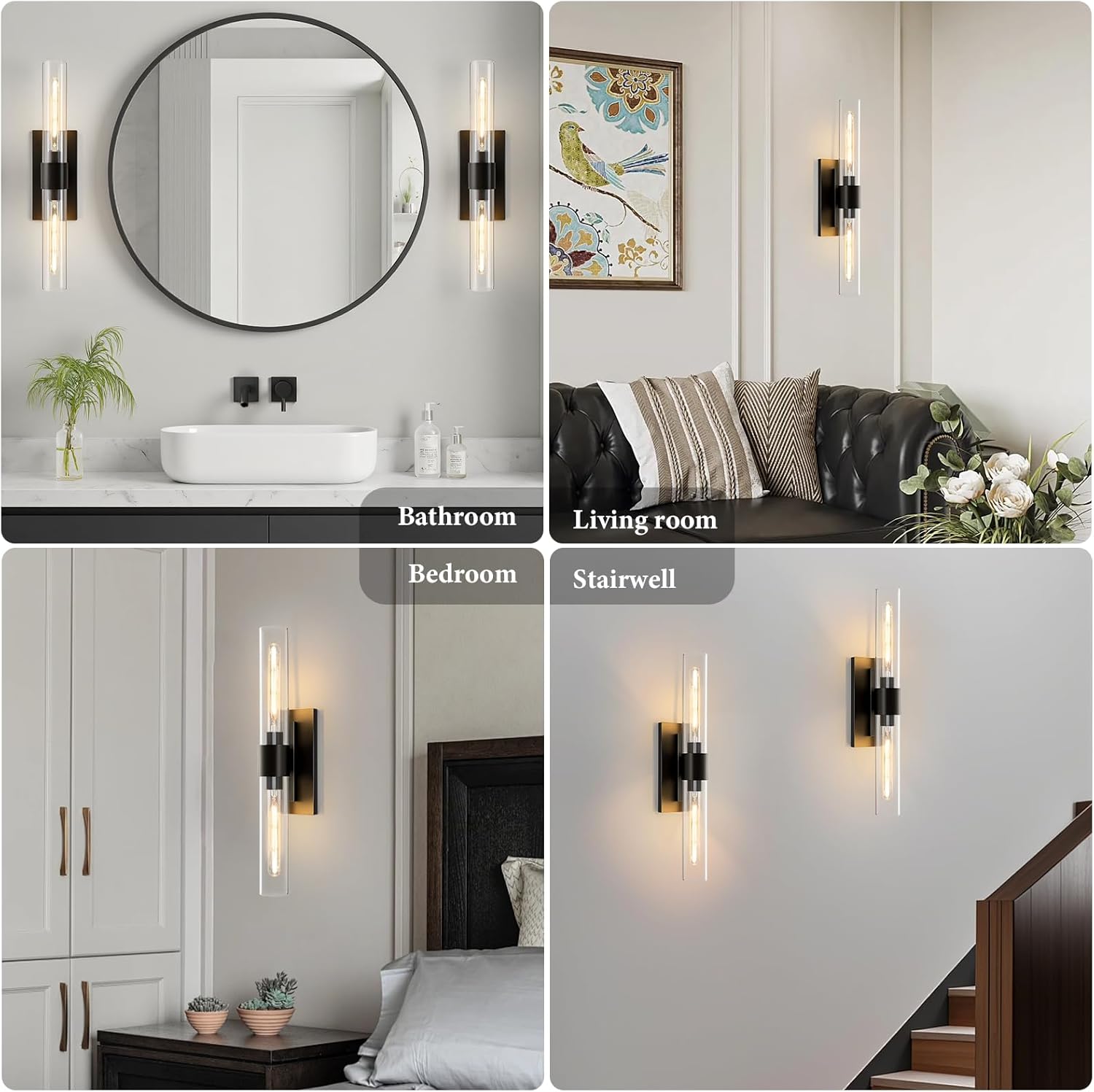 black brass bathroom wall sconce - set of 2 modern linear light sconces - clear glass tube vanity lights - vertical or horizontal mounted dimmable lighting fixtures for indoor living room hallway classic black 2 pack