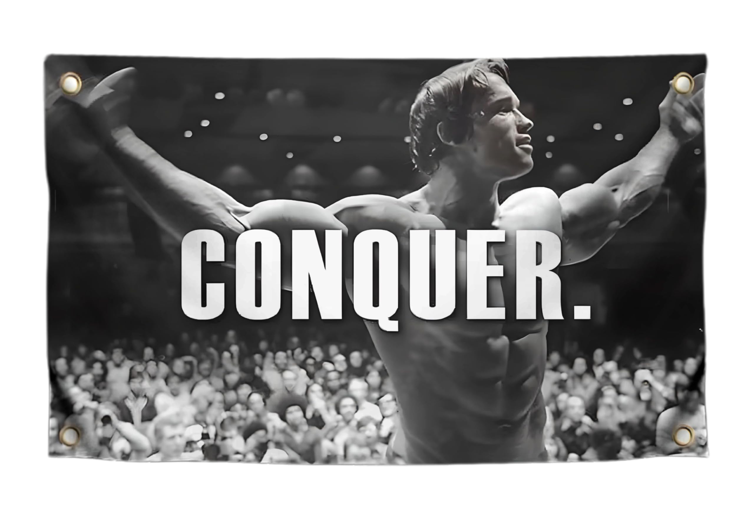 Conquer Polyester Flag for Schwarzenegger 3x5 Ft - Funny Gym Motivation Poster and Fitness with 4 Grommets - Arnold Durable Man Cave Wall Single Sided Flag for College Dorm Room Decor for Man and Guys