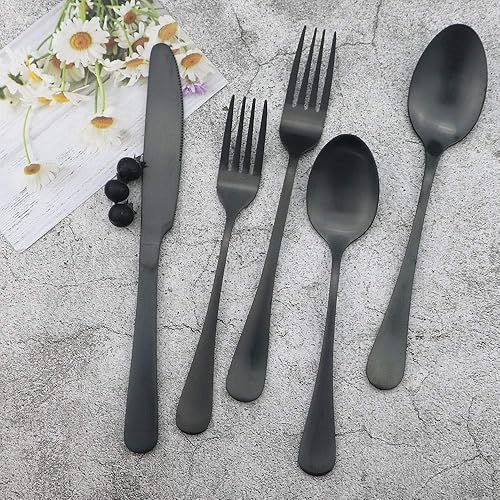 Miniatura 3 de JASHII Juego de cubiertos negros mate, juego de cubiertos de acero inoxidable de 20 piezas, servicio para 4 personas con cuchara grande y tenedor