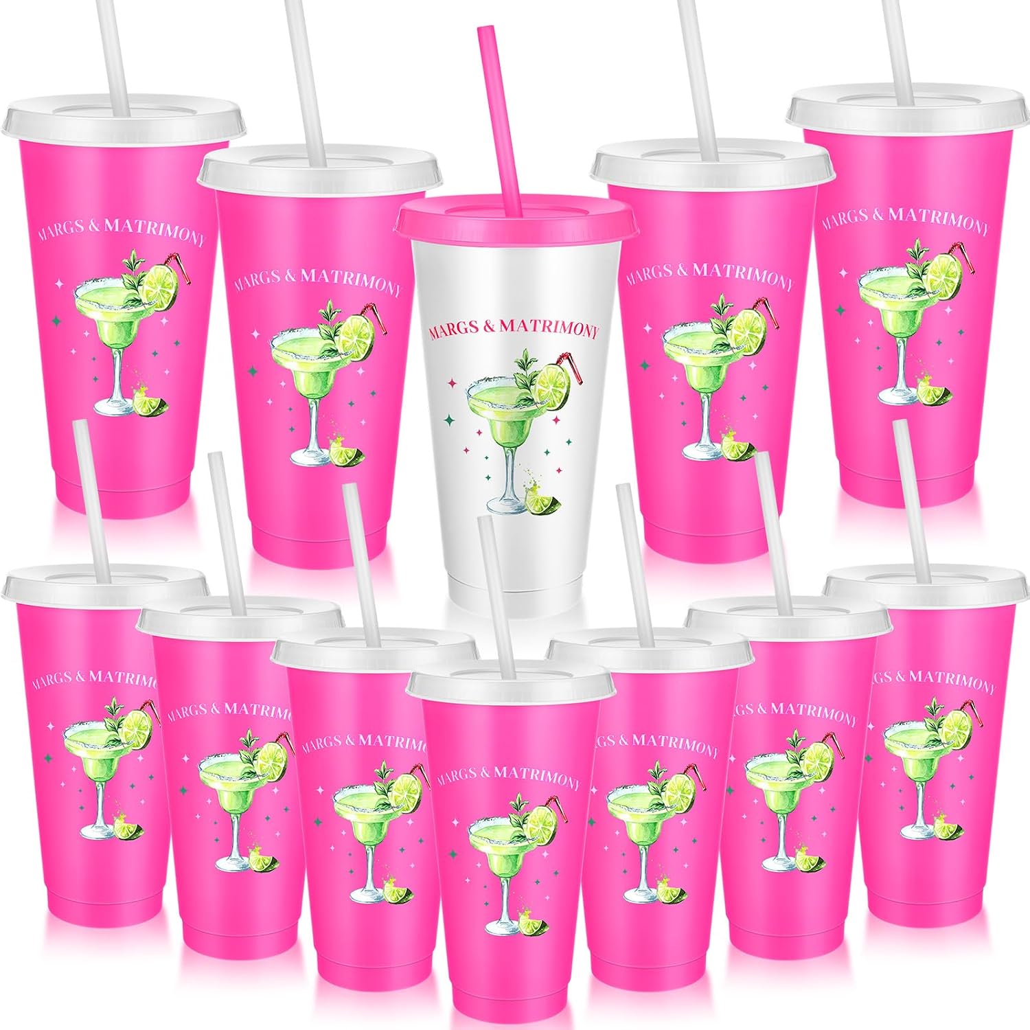 Reallnaive 12 Pcs Margs and Matrimony Bachelorette Party Cups 24oz Bridesmaid Reusable Plastic Cups with Lids and Straws for Wedding Bridal Shower Party Favors Gifts
