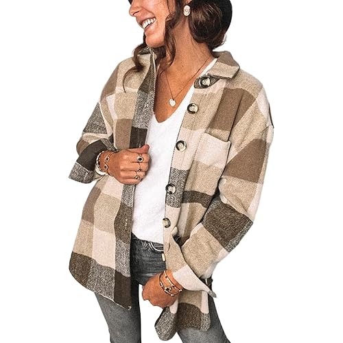 SHEWIN Womens Long Sleeve Plaid Shirts Flannel Lapel Button Down Shacket Jacket Coats