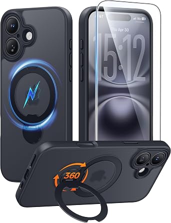FNTCASE for iPhone 16 Plus Case [360 Spin Magnetic Stand] [Compatible with Magsafe] [Screen Protector] Translucent Matte Military Grade Shockproof Full Camera Protective Phone Cover - Black