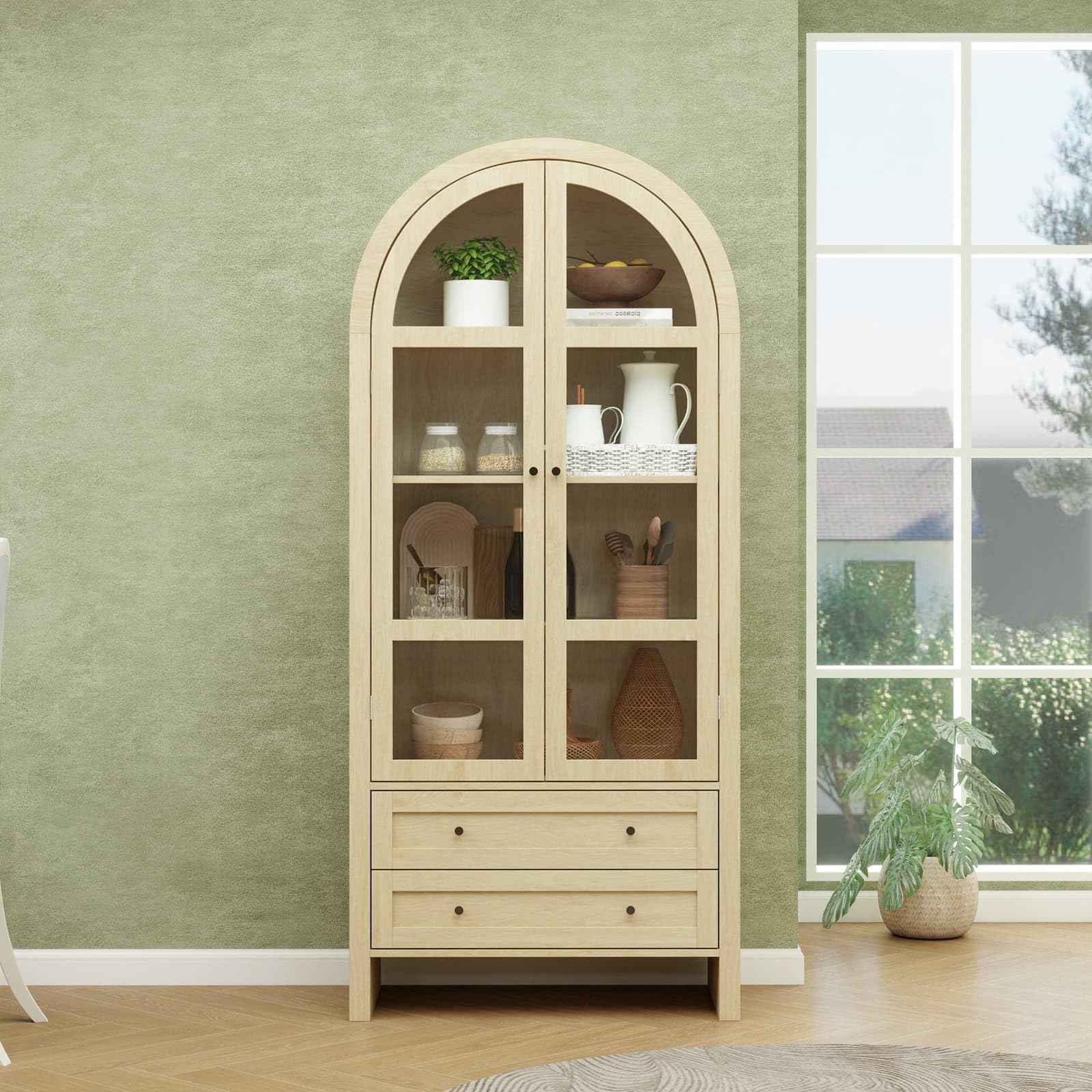 PugSDRLY - Aparador alto con 2 puertas de cristal y cajones, vitrina, arco, mueble de cocina, almacenamiento, armario de madera, 79 x 39,5 x