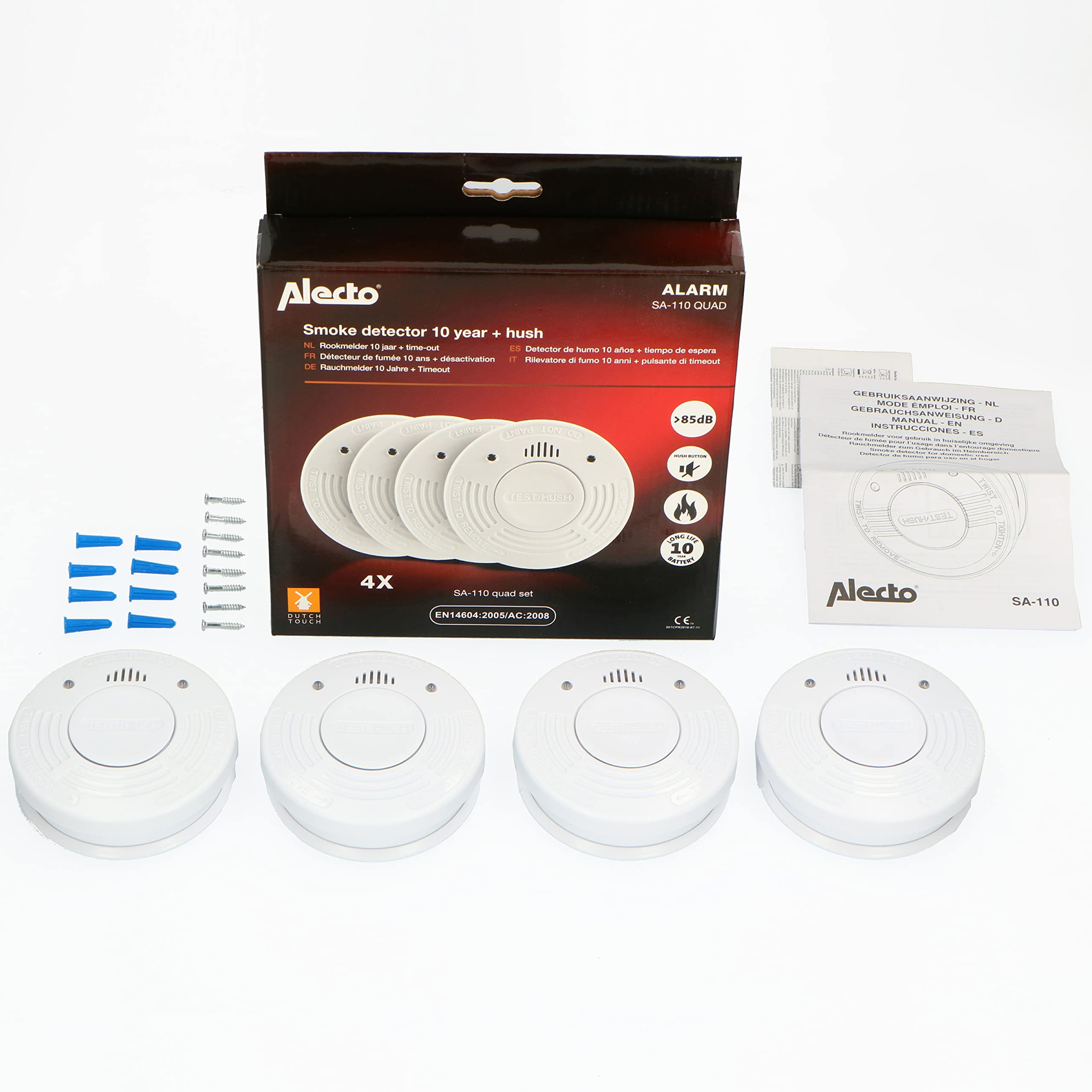 Alecto SA-110 Quad - Detector de Humo con batería de 10 años y duración del Sensor, Fácil de Instalar, 85 dB, Paquete de 4