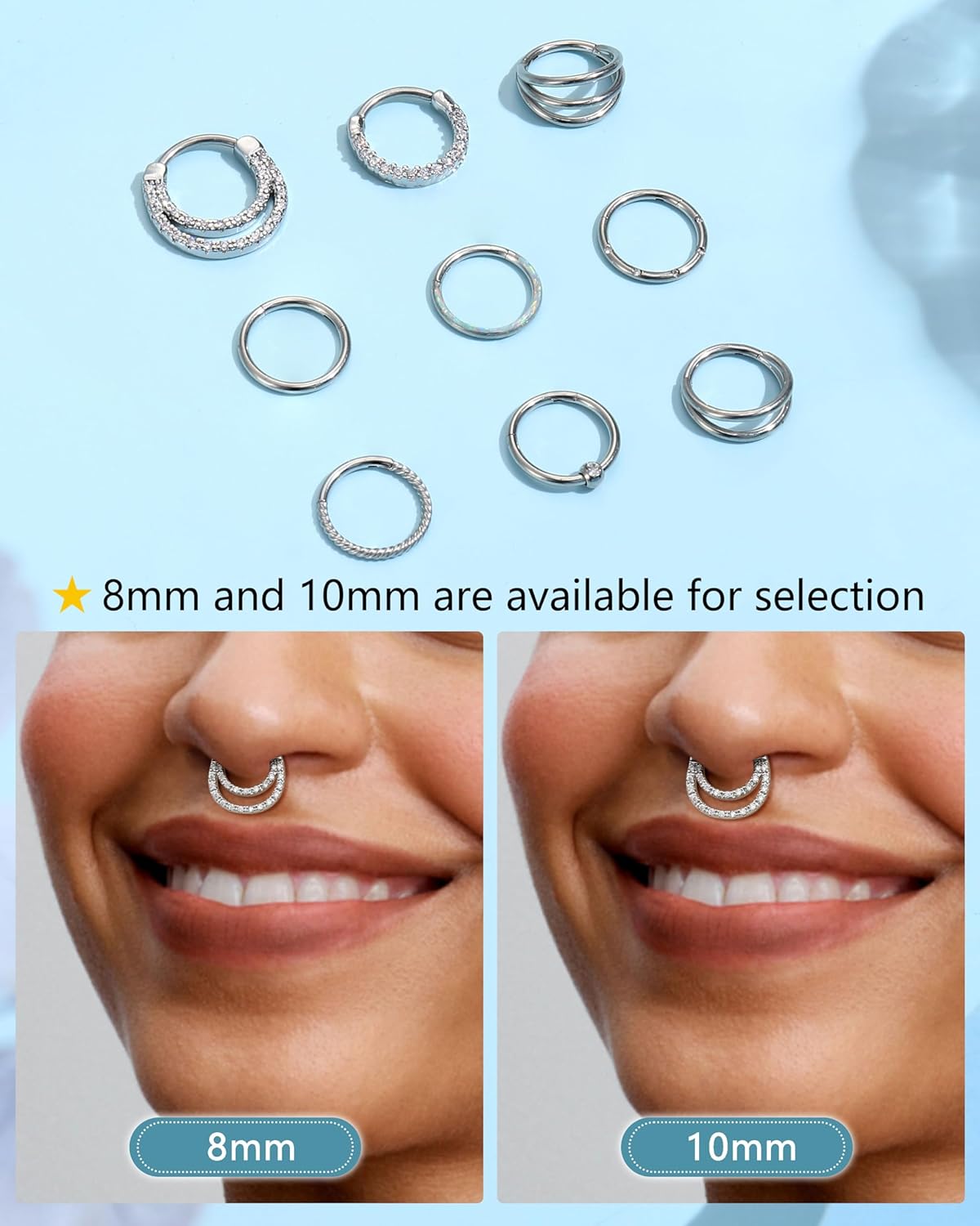 Besteel 9 Pcs Hypoallergenic Septum Rings 16G Surgical Steel CZ Opal Clicker Hinged Nose Rings Hoop for Women Men Lip Conch Tragus Helix Daith Cartilage Earrings 8mm 10mm - Image 8
