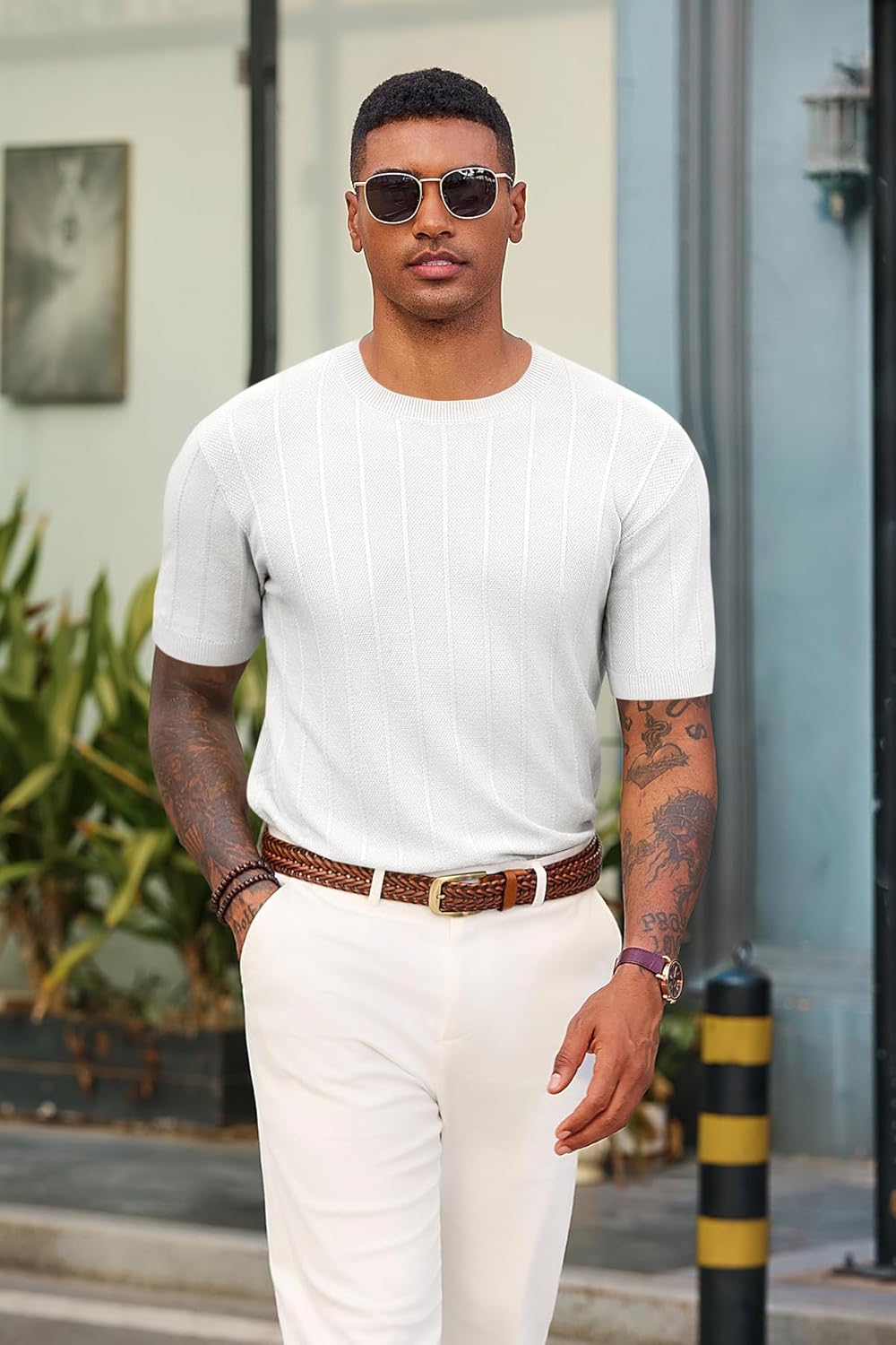 Runcati Mens Knit Short Sleeve T-Shirts Casual Crewneck Sweater Shirt Ribbed Textured Pullover Tees - Image 6