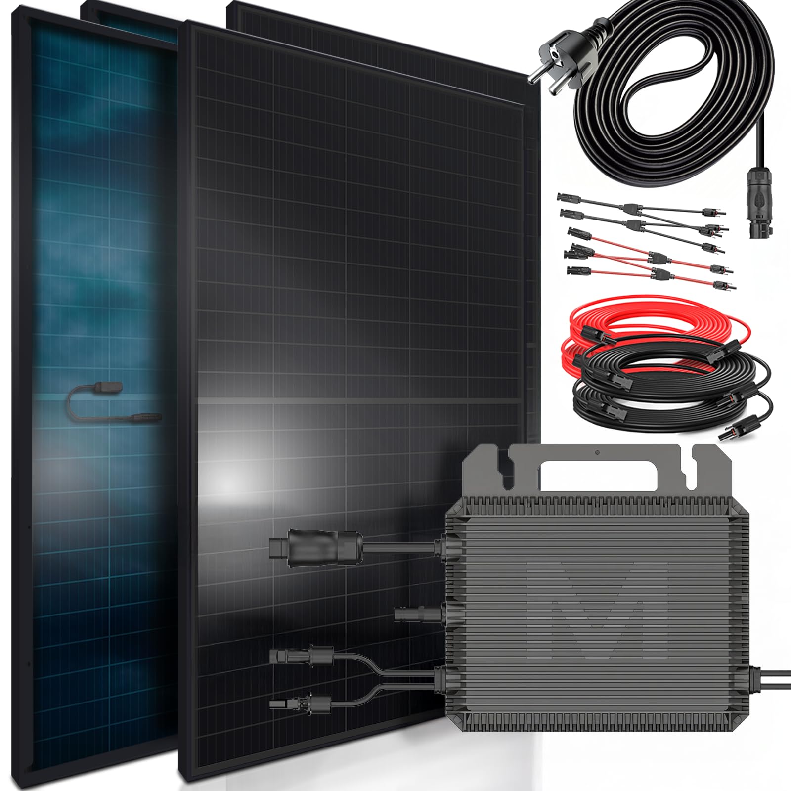 SUNNIVA® 1840W Balkonkraftwerk BIFAZIAL FULLBLACK komplett Steckdose MARSTEK 800 Watt Wechselrichter, Solaranlage Komplettset, 4x460W N-Type Glas-Glas Bifacial Solarmodule, 5m Kabel, 4x2.5m Solarkabel