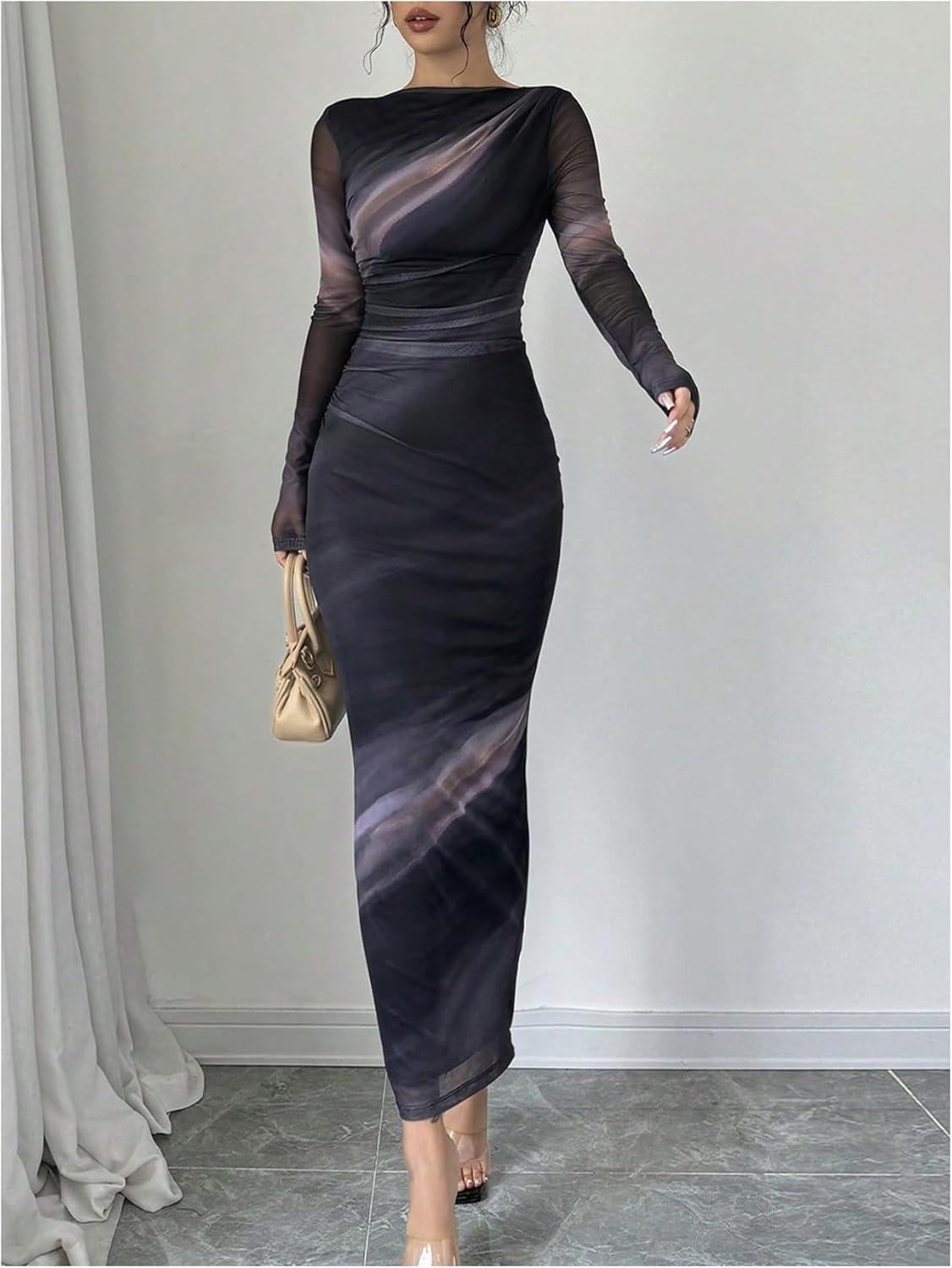 Milumia Women's Tie Dye Boat Neck Long Sleeve Fall Dress Ruched Bodycon Maxi Slimming Dresses Cocktail Party - Image 4