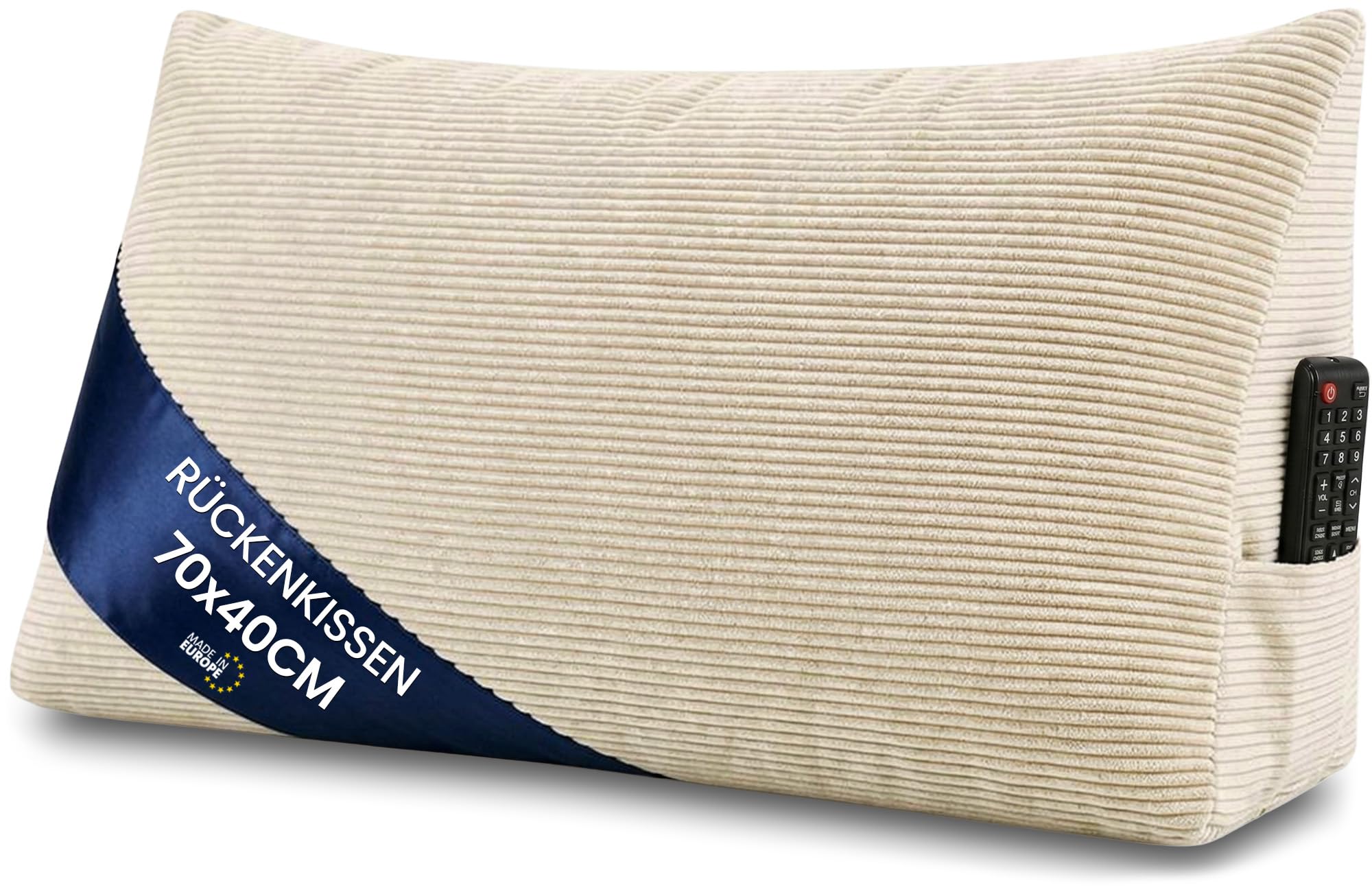 Keilkissen Rückenkissen für Bett und Sofa 70 cm breit - großes Lesekissen Couchkissen Wandkissen – Sofakissen Stützkissen für die Rückenlehne Reading Pillow Rückenstützkissen Beige – Cordstoff