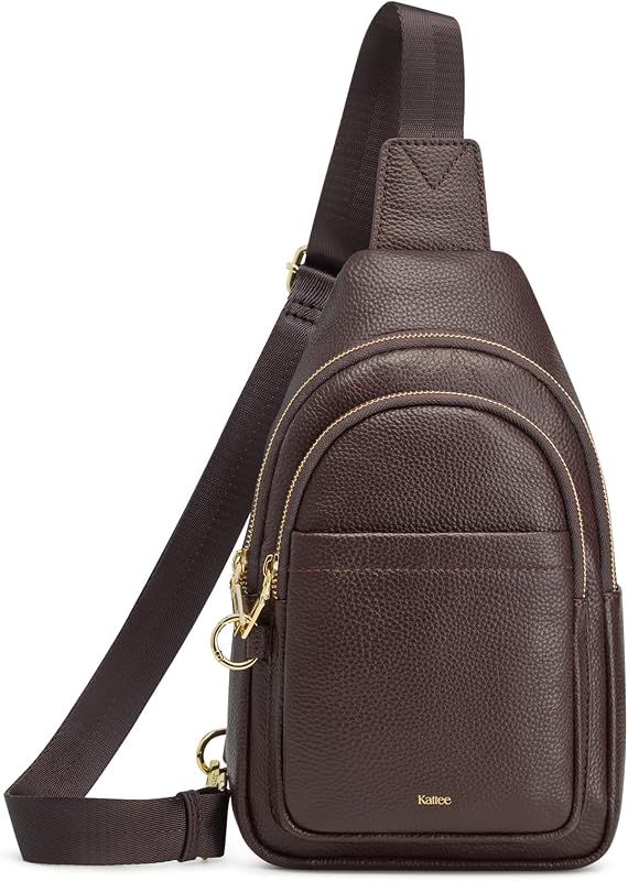 Sling Bag for Women, Leather Crossbody Bag for Travel, Coffee | Top Grain Pebbled Leather. RFID back pocket, small chest bag fit 6.9-inch phone, fanny pack with adjustable strap.