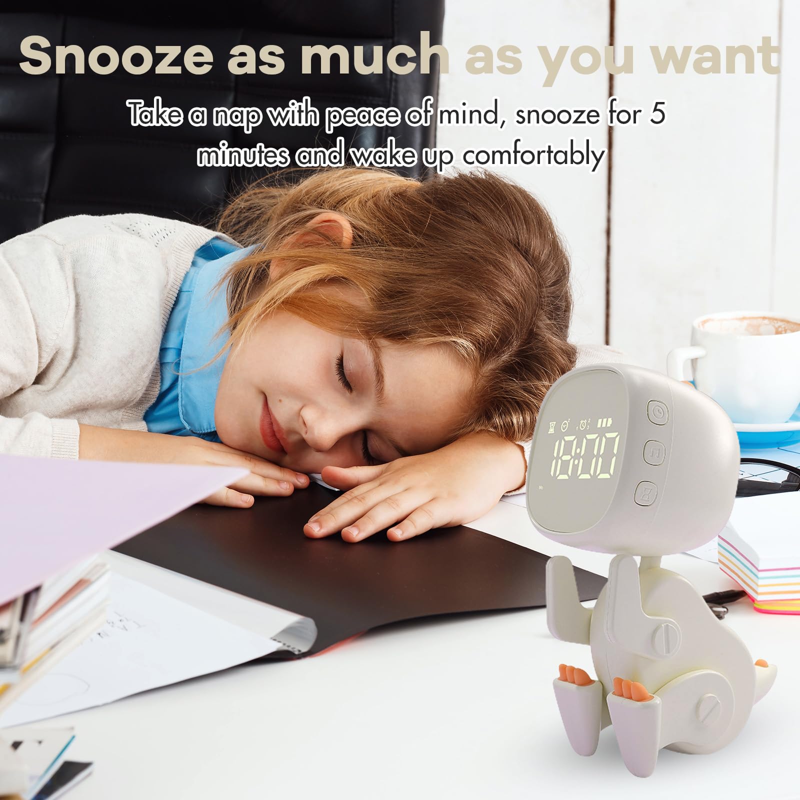 Despertador para niños, entrenador de sueño infantil con luz nocturna, sonido, hora de despertador para niñas y niños con 3 juegos de alarmas, repetición, sonido y brillo ajustables mediante carga USB