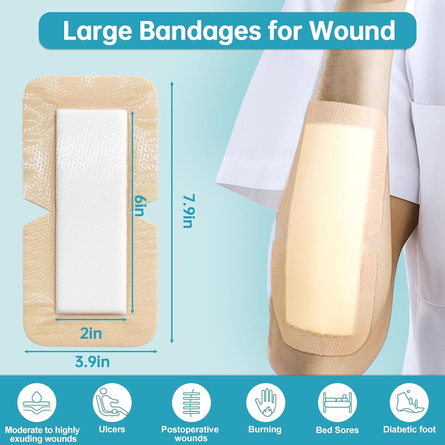 Dimora Silicone Foam Dressing with Border 4"X8" (10 Pack), Adhesive Large Bandages for Wound for Post Elbow Shoulder Knee Surgery Care - Image 2