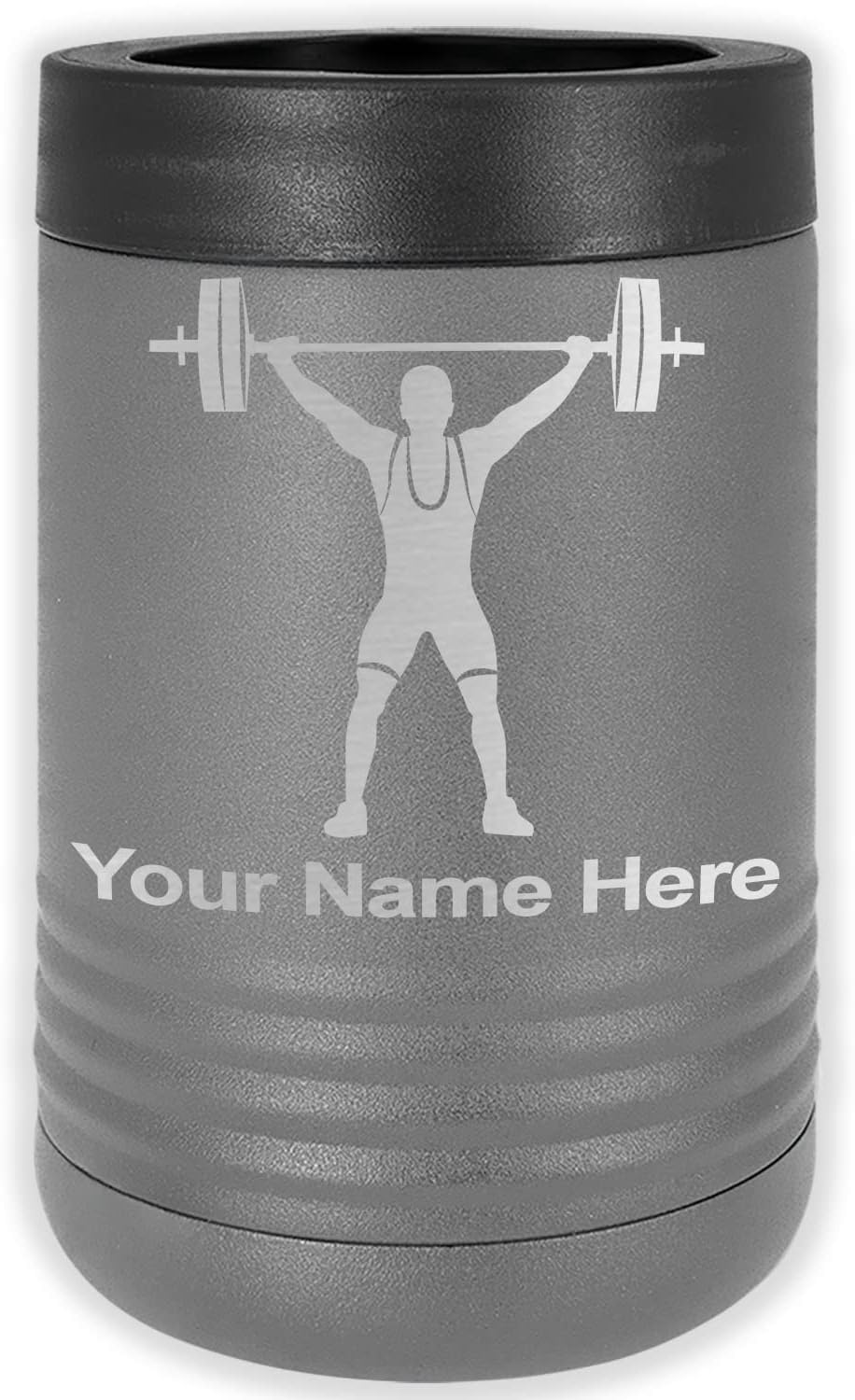 LaserGram Personalized 12 oz. Stainless Steel Can & Bottle Insulator, Weightlifting Man – Keeps Drinks Cold Longer (Gray)