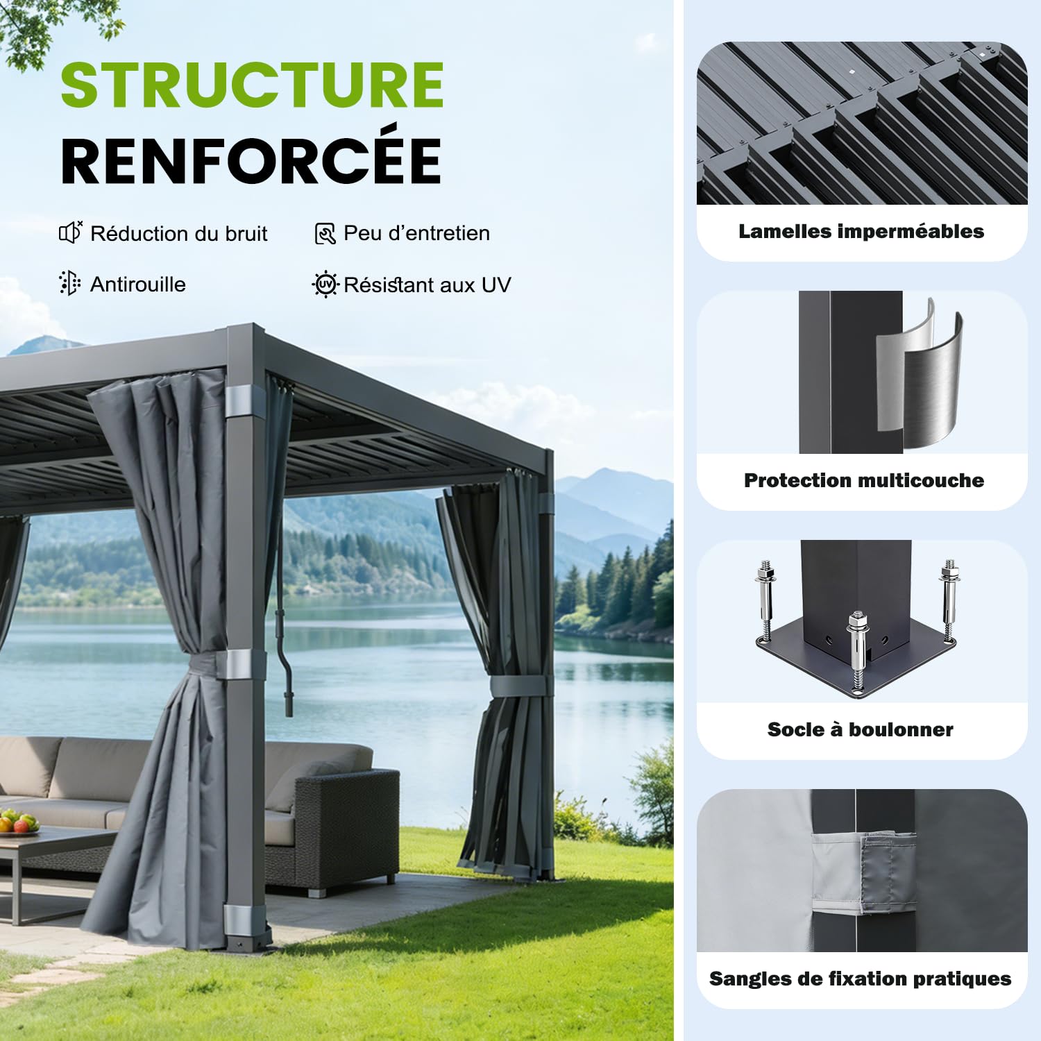 Pergola Bioclimatique 3x3 m, Pergola en Aluminium et Acier avec Toit à Lamelles Orientables, Tonnelle de Jardin avec Rideaux Étanches et Moustiquaires, Noir