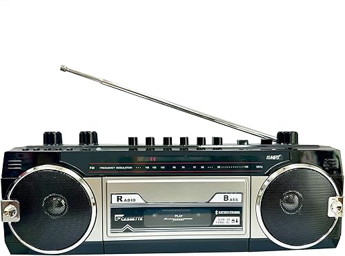 Retro Boombox, grabadora de radio cassette, radio FM, conector para auriculares, ranuras USBMicro SD, convertir casetes a USBSD, retro estilo