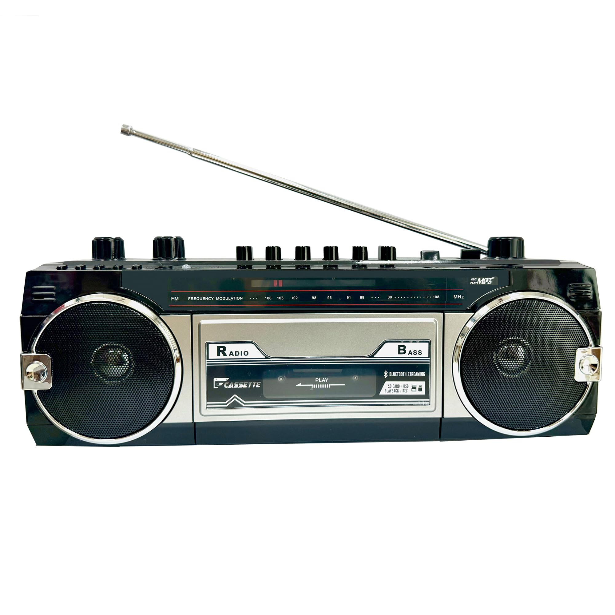 Retro Boombox, Radio Cassette Player Recorder, FM Radio, USB/Micro SD Slots, Headphone Jack, Convert Cassettes to USB/SD, Classic 80s Style Retro, Black, Built-in Microphone