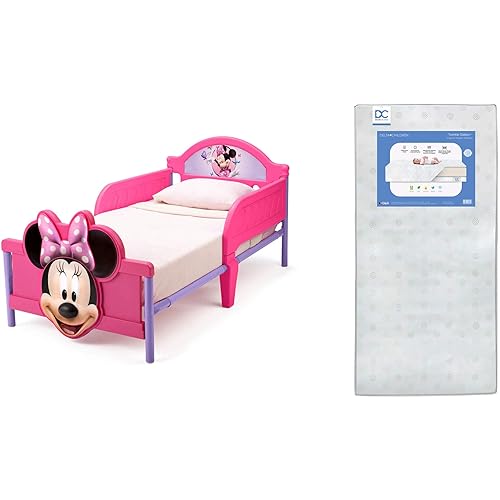 Delta Children 3D-Footboard Toddler Bed, Disney Minnie Mouse + Delta Children Twinkle Galaxy Dual Sided Recycled Fiber Core Toddler Mattress (Bundle)