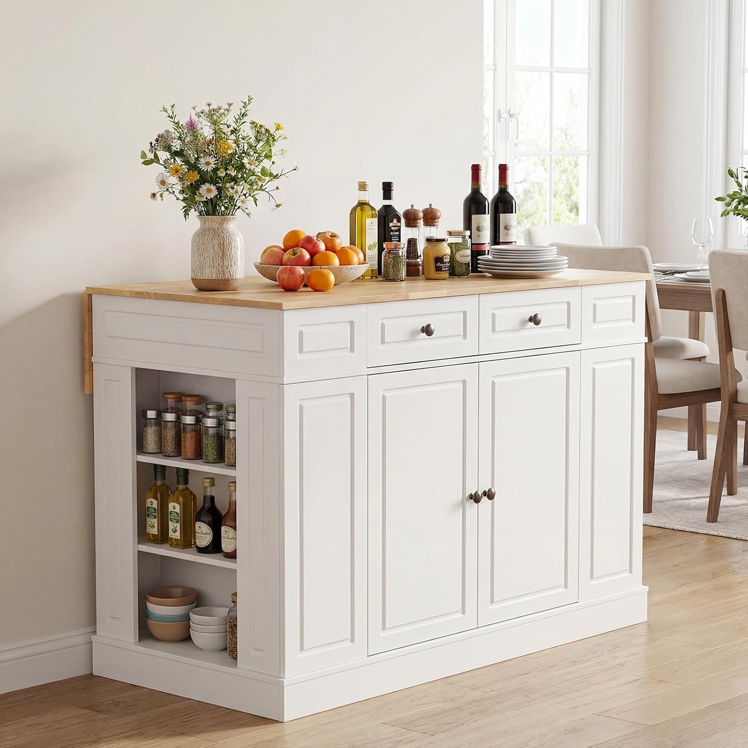 LOKO 48" Stationary Kitchen Island with Drop Leaf, Rubber Wood Top Butcher Block Island Table with 2 Drawers, Cabinet & Adjustable Shelf, Multipurpose Kitchen Cart for Dining Room, Living Room & Bar
