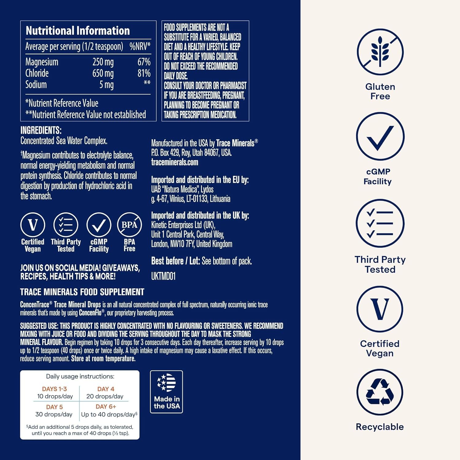 Trace Minerals ConcenTrace Électrolytes & Oligo-Éléments | 237 ml | Magnésium Liquide & Potassium | 70+ Minéraux Ioniques | Hydratation, Énergie & Digestion | Végan | 96 Jours