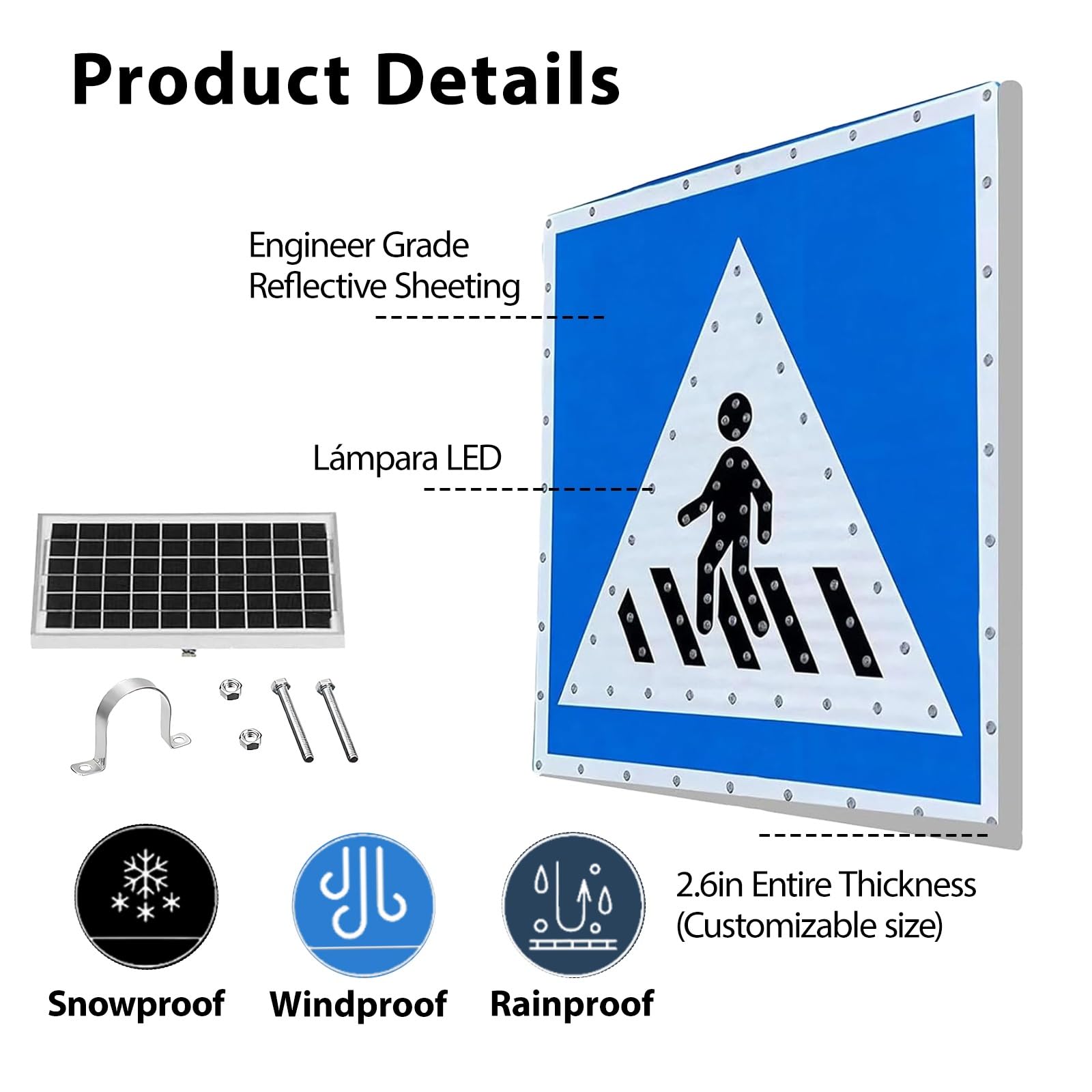 Señales Solares de Tráfico para Peatones, Señal de Cruce de Peatones LED, Visible 500 m, IP65 Resistente Agua, Estructura de Aluminio, para Pueblos y Zonas Suburbanas(24")