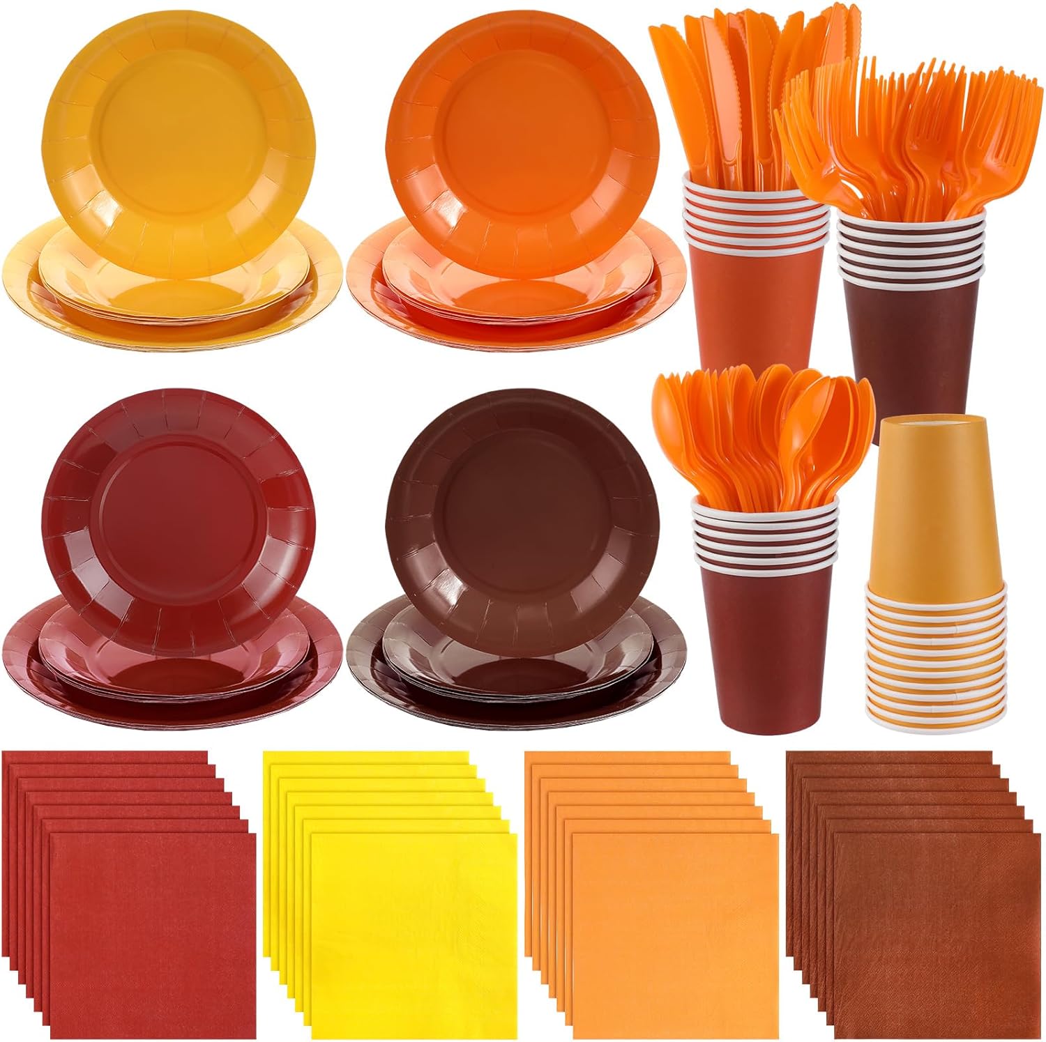 Yaomiao 168 Pcs Fall Thanksgiving Paper Plates and Napkins Burgundy Party Supplies Fall Disposable Dinnerware Set Orange Paper Plates Cups Napkin Plastic Forks Knives Spoons Serve 24 Guests