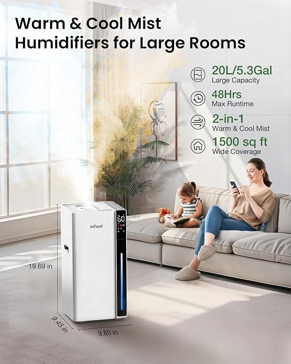 Mifasol 20L/5.3Gal Humidifiers for Large Room, 48H Runtime, Top Fill, White by mifasol - Used condition - Image 2