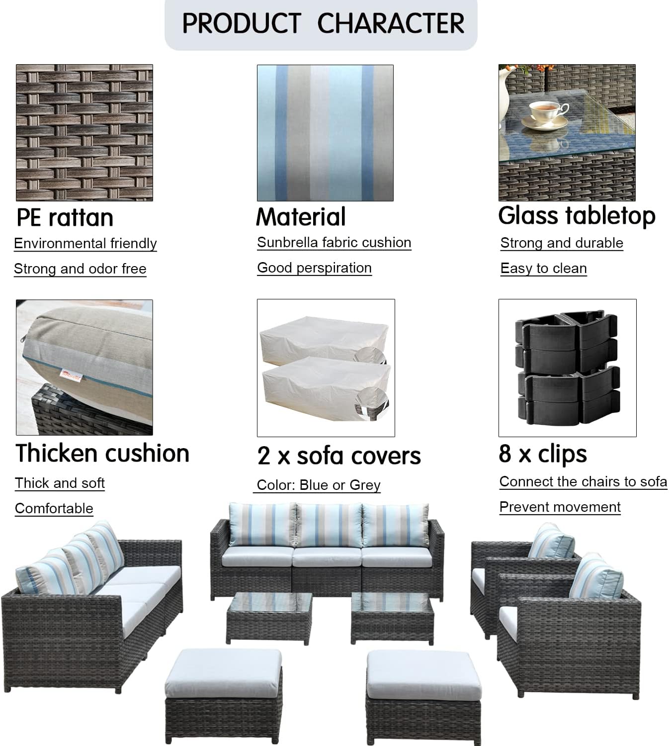 HOOOWOOO 12 PCS Assembled Patio Furniture Outdoor Sectional Sofa Set with Sunbrella Cushion,No Assembly Patio Conversation Set,Aluminum Frame Big Outside Set with Patio Cover,Gray Wicker