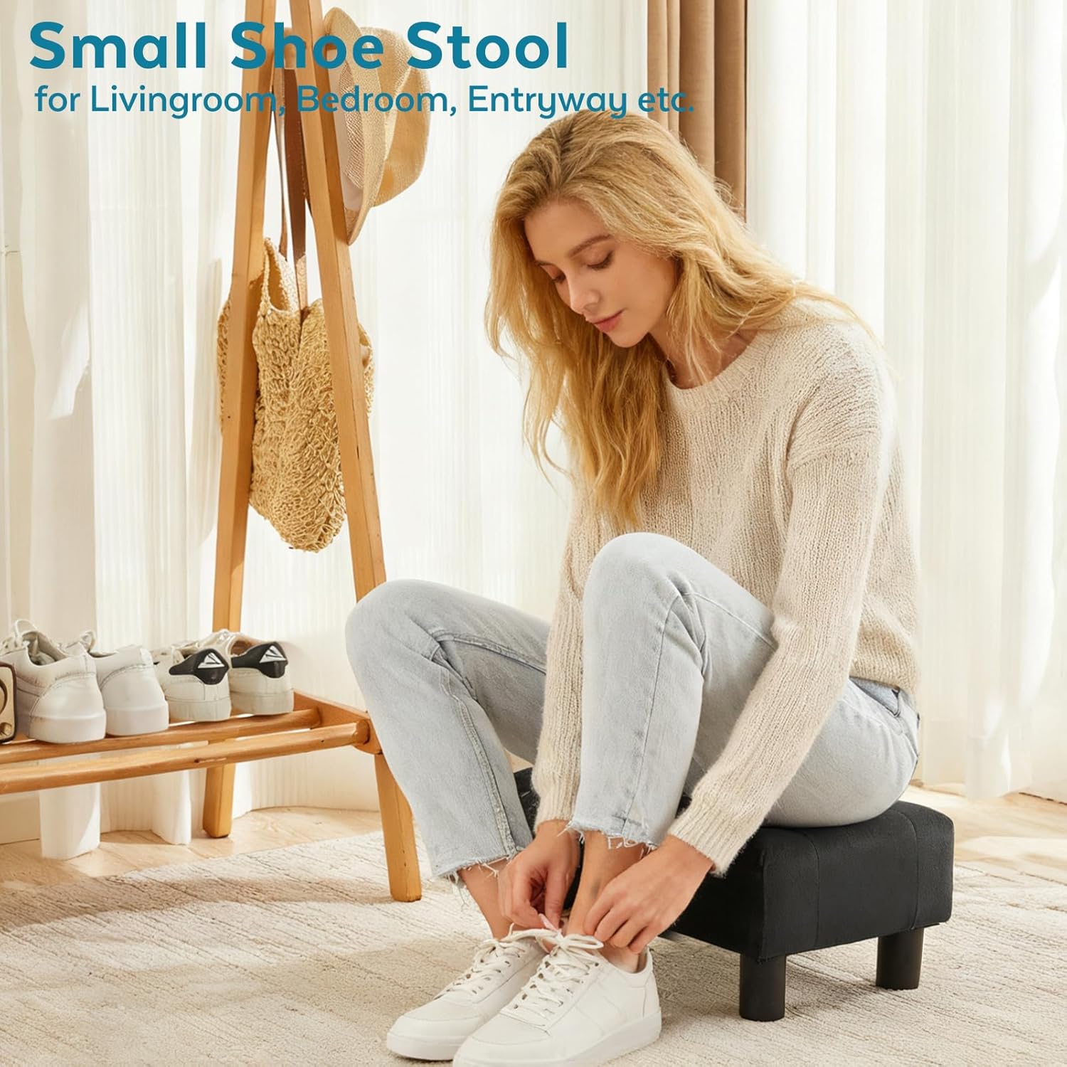 Small Foot Stool Ottoman, Velvet Footstool Ottoman Foot Rest for Couch, Rectangle Footstools and Ottomans Small for Living Room, Entryway and Bedroom (Black)