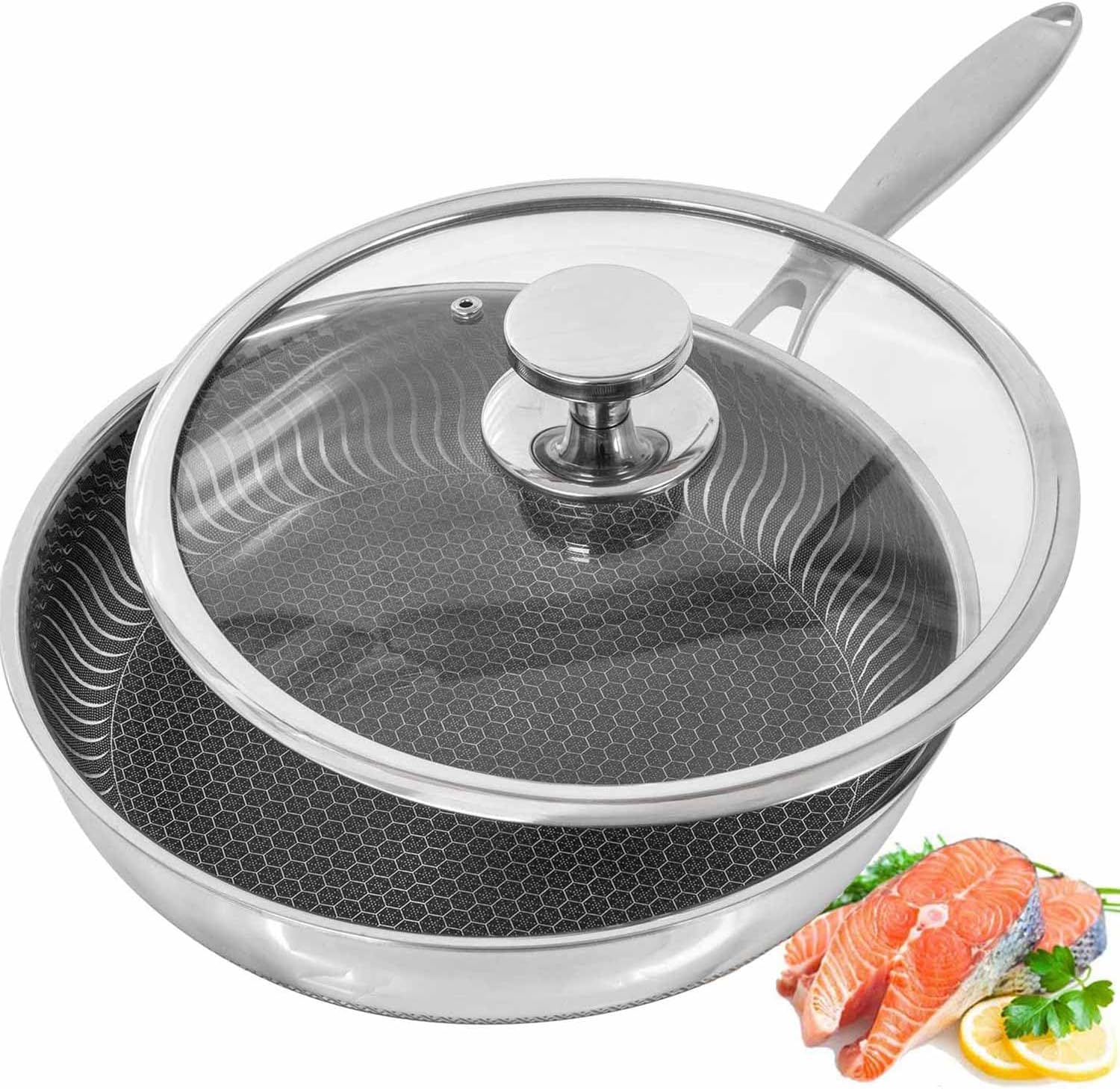 AUDANNE Frying Pans with Lid, 10" Large Stainless Steel Honeycomb Skillet with Handle (10" Honeycomb Pan with Lid) Thumbnail