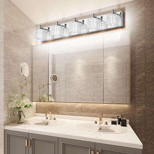 Miniatura 4 de Ralbay Lámparas de tocador de baño cromadas, 5 luces, luces LED modernas cromadas sobre espejo, luces de tocador de cristal modernas
