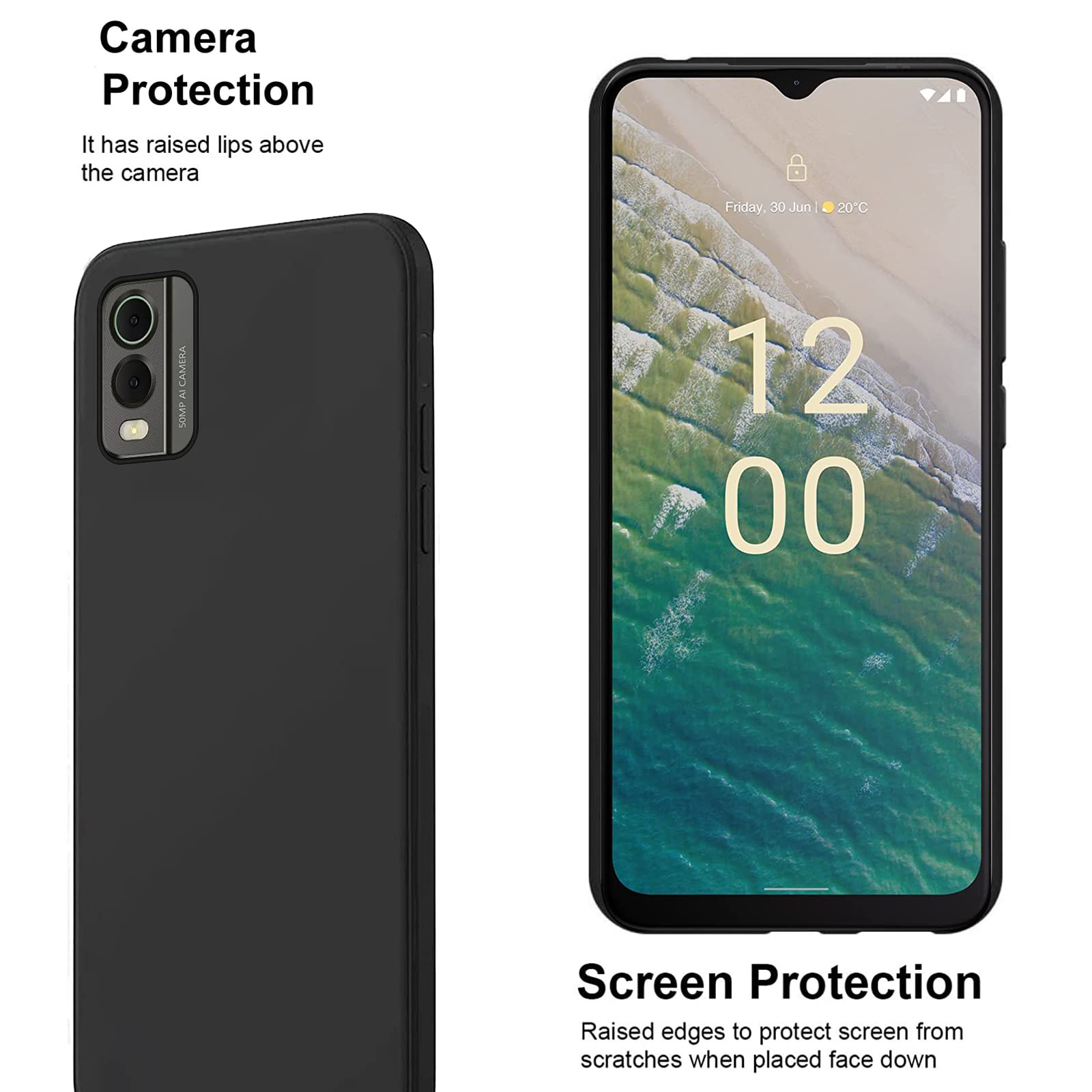 JDXHFF Cover Compatibile con Nokia C32 (6.5) e 2 Pezzi Pellicola Protettiva in Vetro Temperato - Nero Morbido Silicone Custodia Protettivo TPU