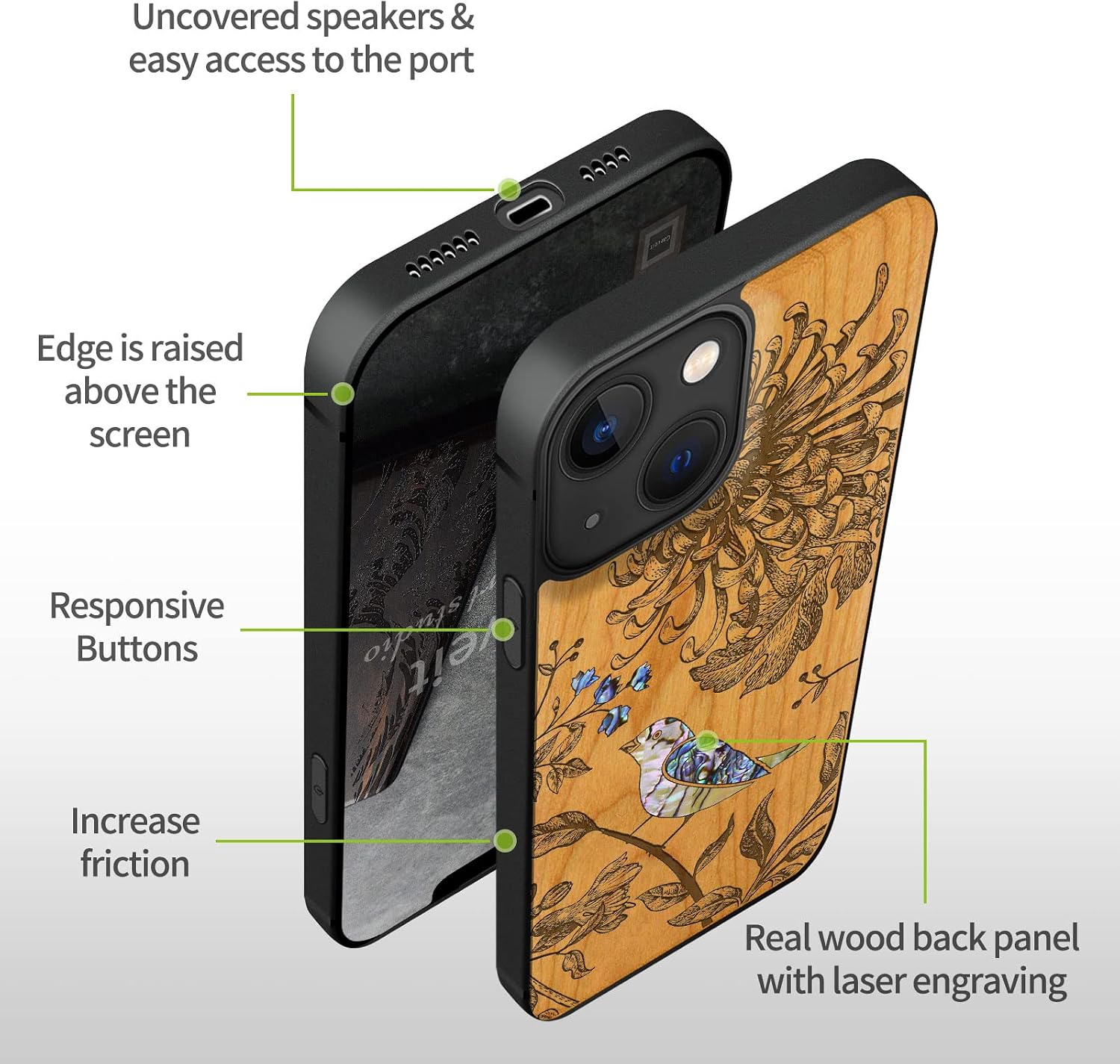 Carveit Designer Wooden Protective Case for iPhone 13 Magnetic Cover [Wood Engraving & Shell Inlay] Compatible with iPhone 13 MagSafe (Flowers and Bird-Cherry)