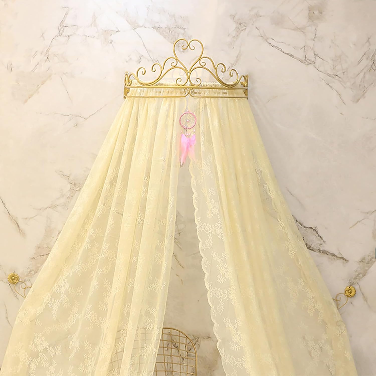 Princess Bed Canopy Mosquito Net, Lace Bed Curtain Court Mosquito Net with Decorative Drapery Metal Crown, Romantic Bedside Yarn Net for Girls Bedroom Decor, A