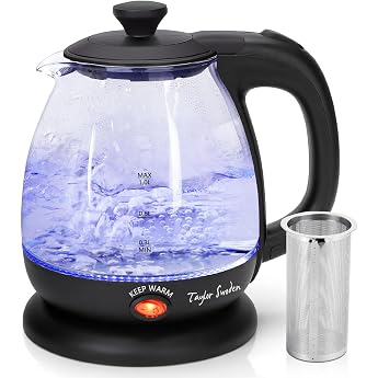 Taylor Swoden Glass Kettle 1 L with Tea Strainer and Tea Maker 2200 W Black 2-in-1 compact 1 litre glass kettle with removable tea strainer keep warm function LED lighting and BPA-free