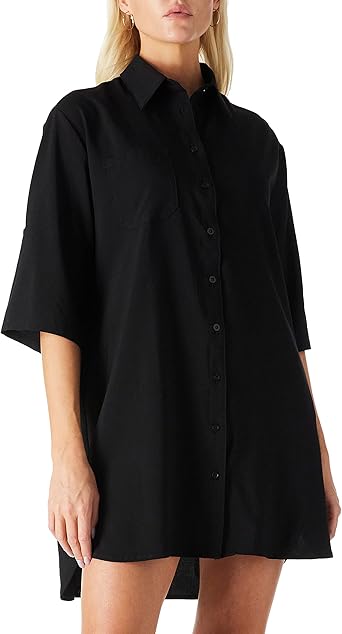 Amazon brand - Find - Oversized Casual Shirts for Women – Short-Sleeve Tunic Blouse with V-Neckline, Front Side Pockets, Curved Hem